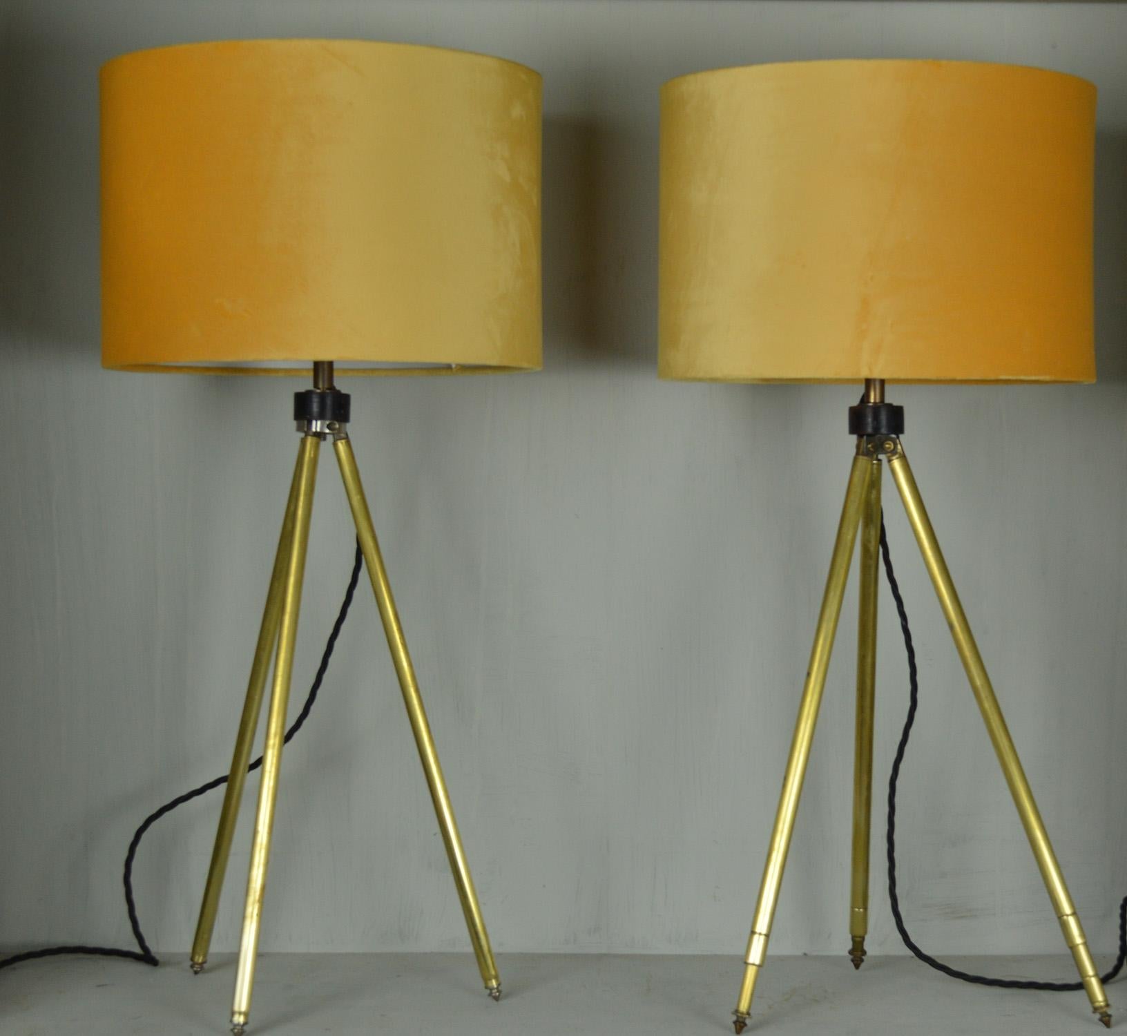 Industrial Near Pair of Midcentury Brass Telescopic Tripod Table Lamps