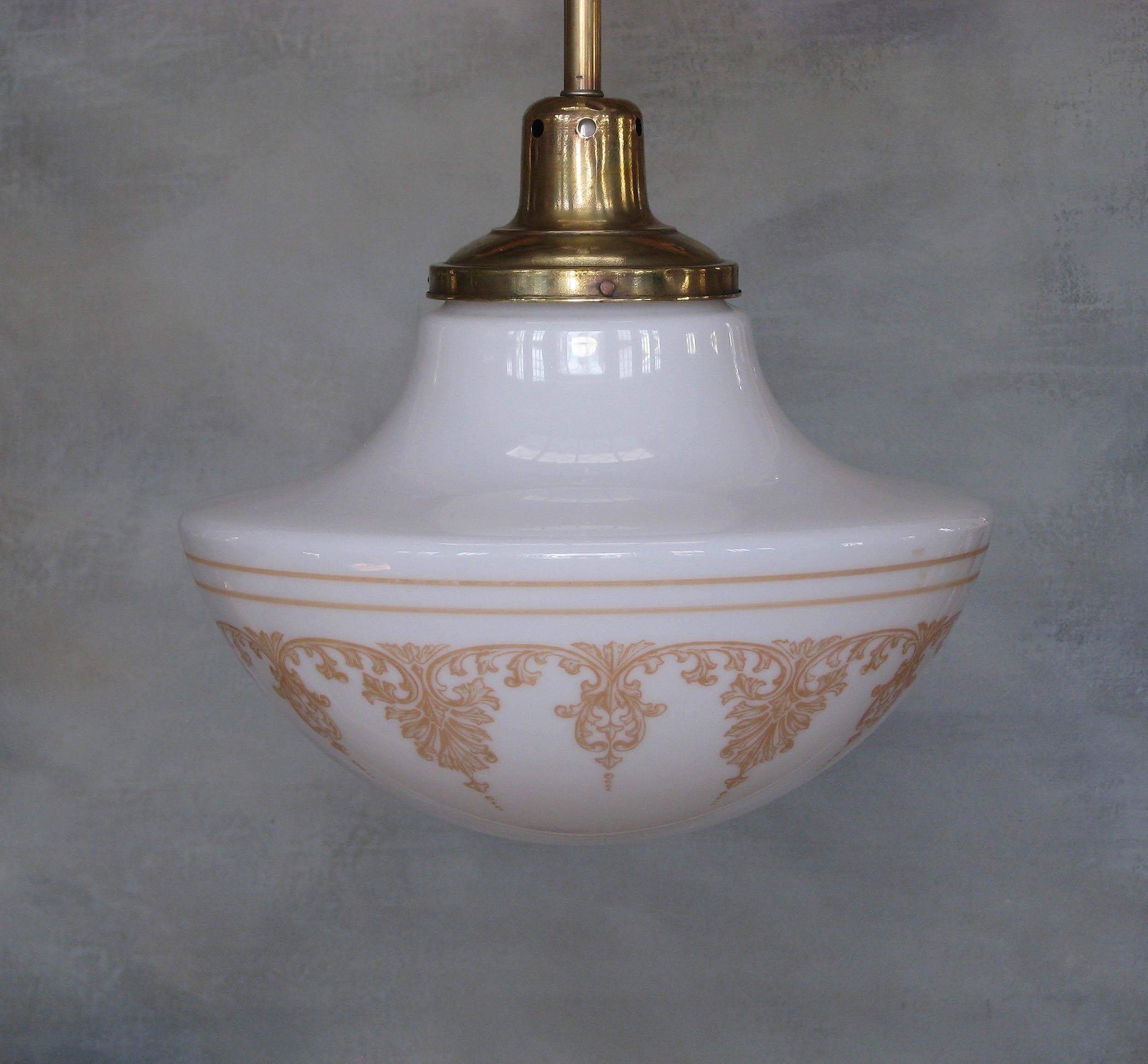 Near Pair of Milk Glass Ceiling Pendant Schoolhouse Lights In Good Condition In Ottawa, Ontario
