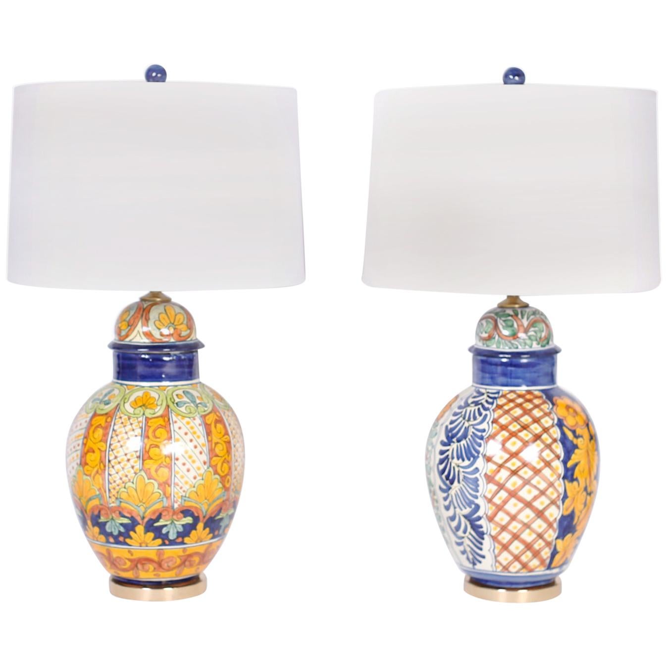 Near Pair of Moroccan Glazed Terracotta Table Lamps