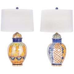 Vintage Near Pair of Moroccan Glazed Terracotta Table Lamps