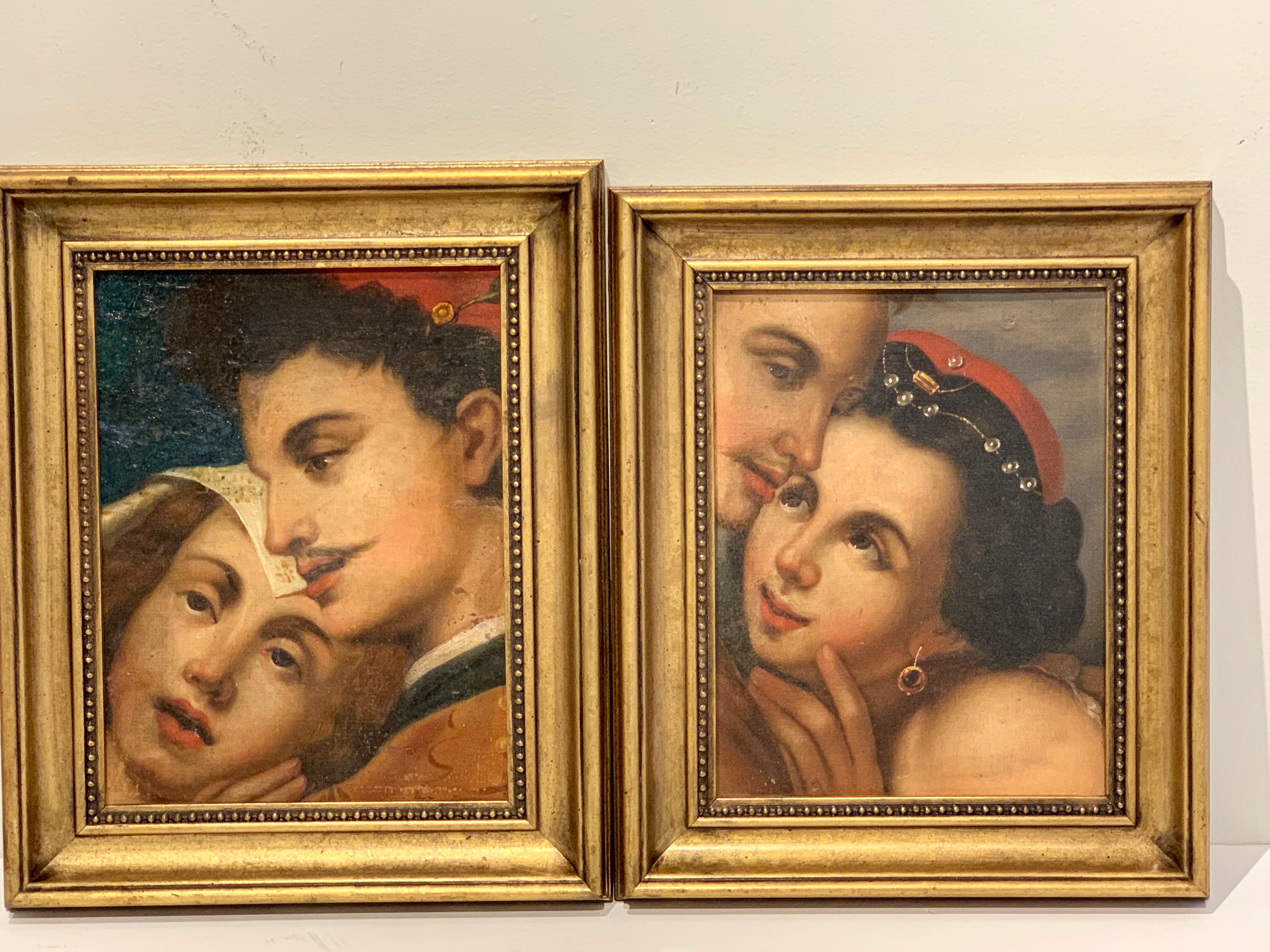 Near pair of old master romantic portraits
Each one with two hugging period dressed couples, unsigned
Measures: Male facing right
8