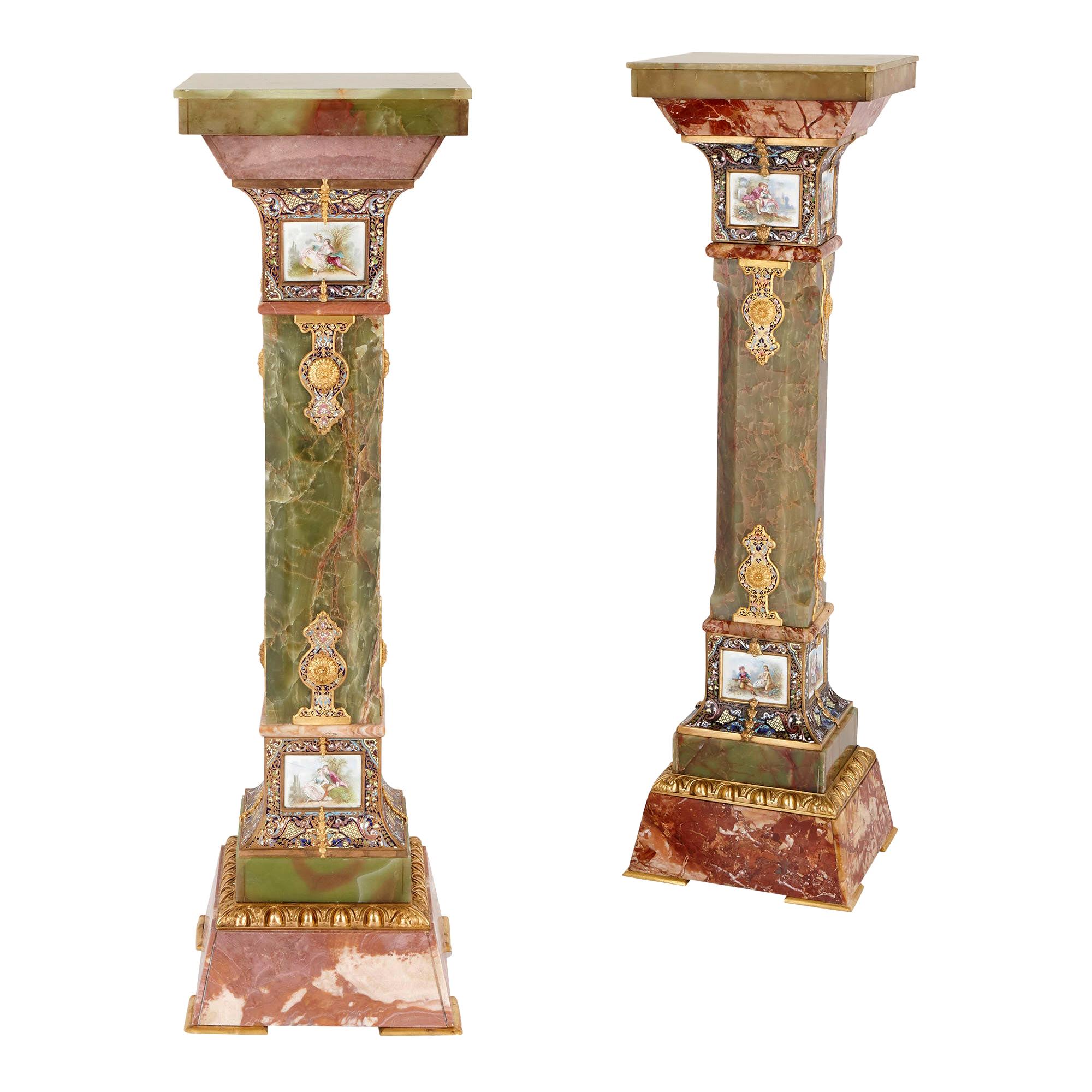 Near Pair of Onyx, Marble, Gilt Bronze, Enamel and Porcelain Pedestals