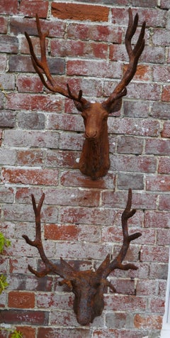 Near Pair of Outdoor Weathered Cast Iron Wall Hung Stags Heads
