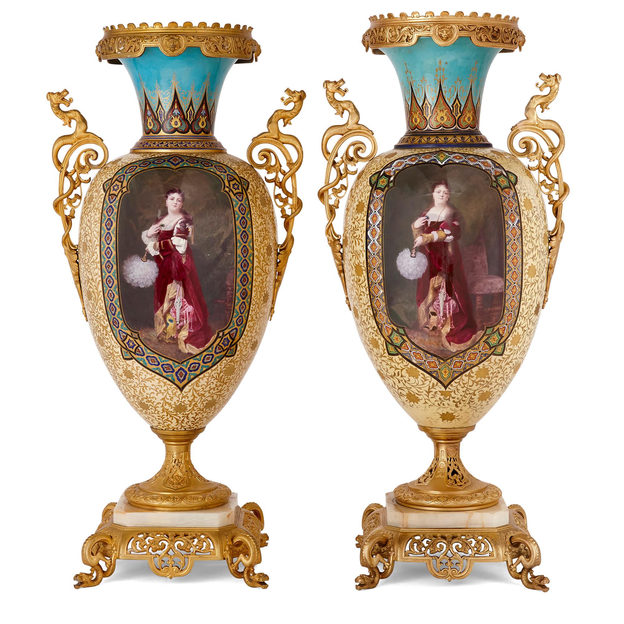 Near pair of porcelain vases with chinoiserie detailing
French, late 19th century
Measures: Height 80cm, width 38cm, depth 30cm  

These large and impressive elongated-body vases are mounted with gilt bronze dragon-form handles, with their feet