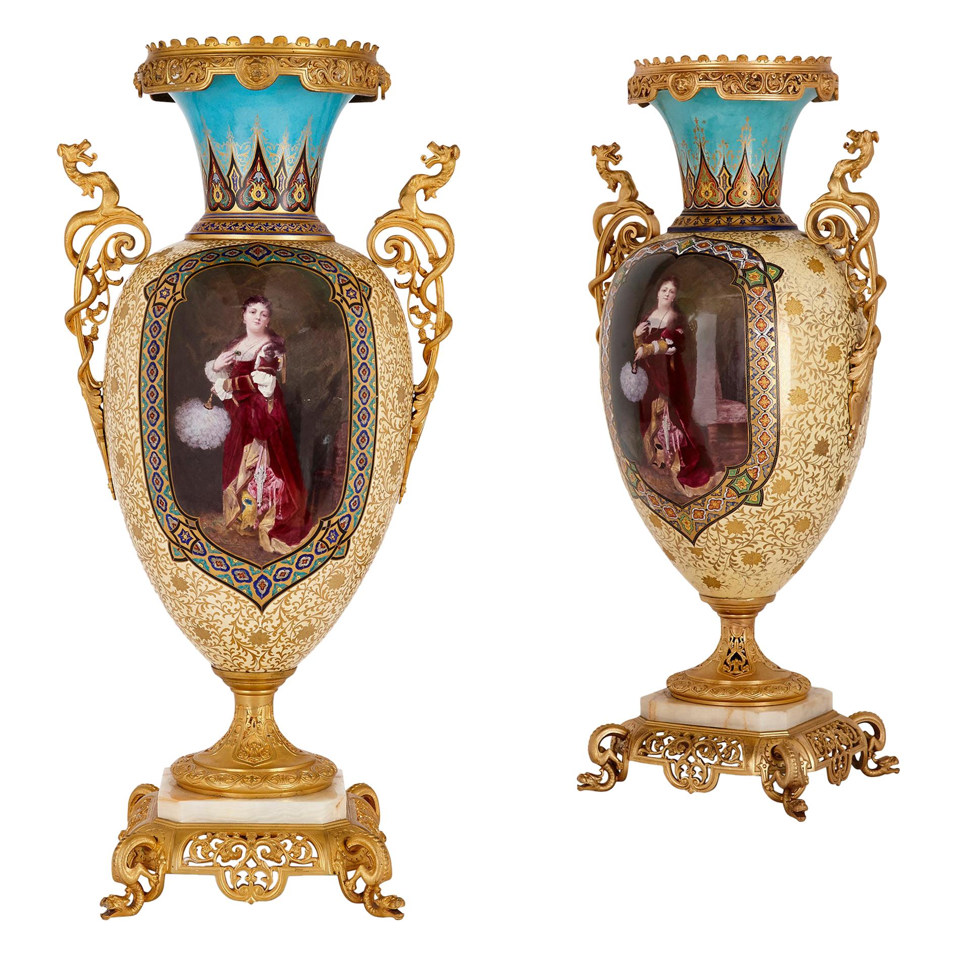 Near Pair of Porcelain Vases with Chinoiserie Detailing For Sale