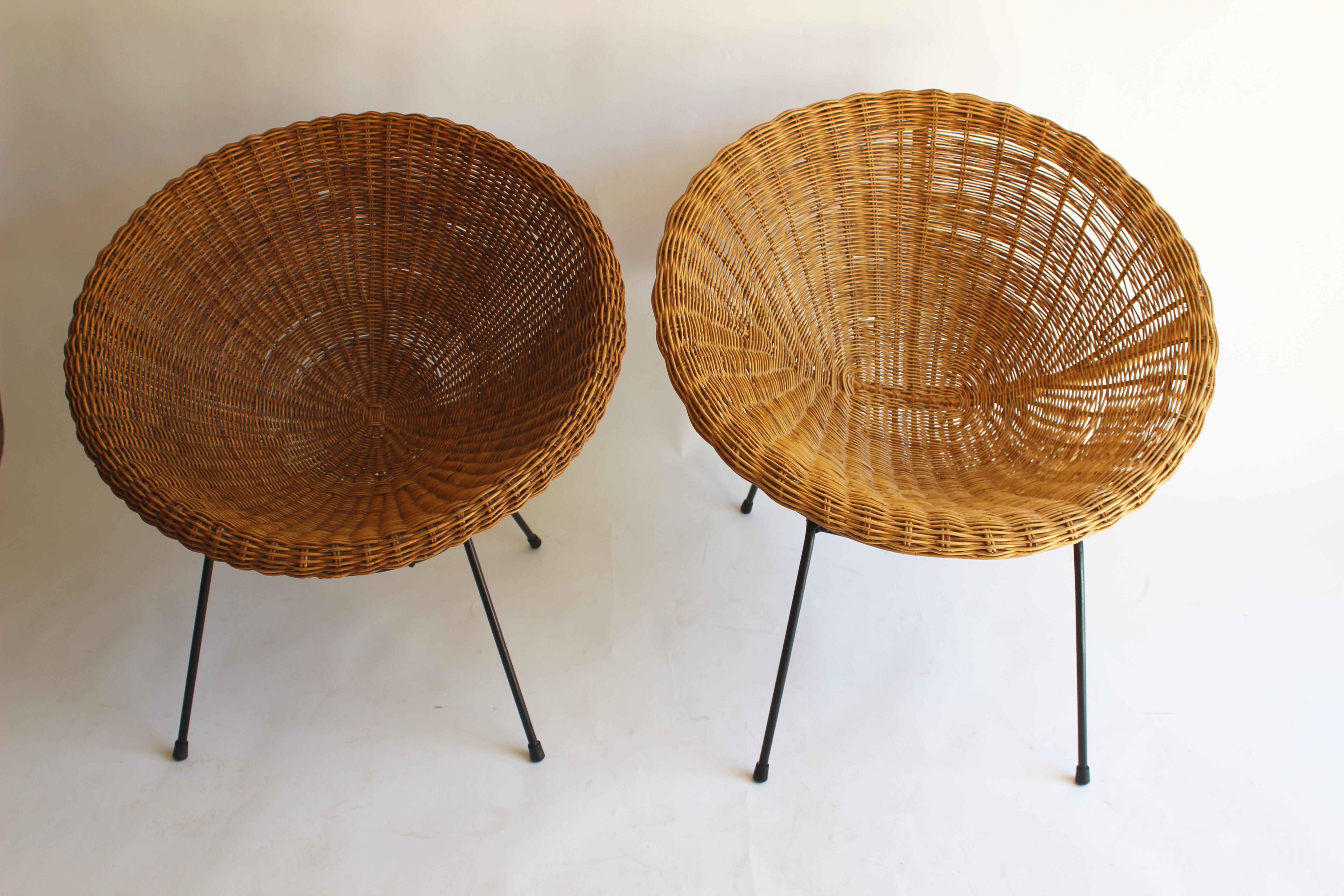 Near Pair of Rattan Lounge Chairs in the Style of Franco Albini 1