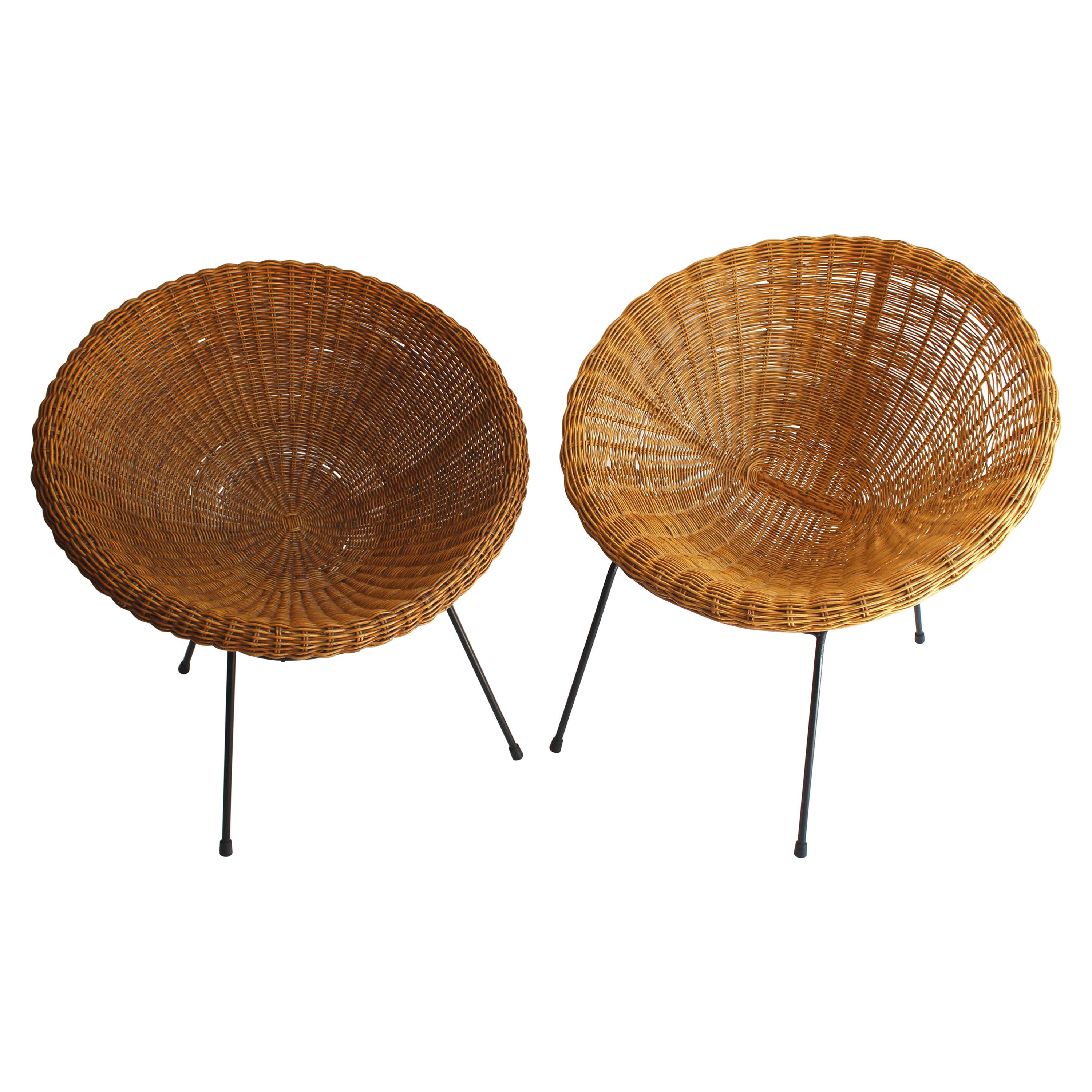 Near Pair of Rattan Lounge Chairs in the Style of Franco Albini