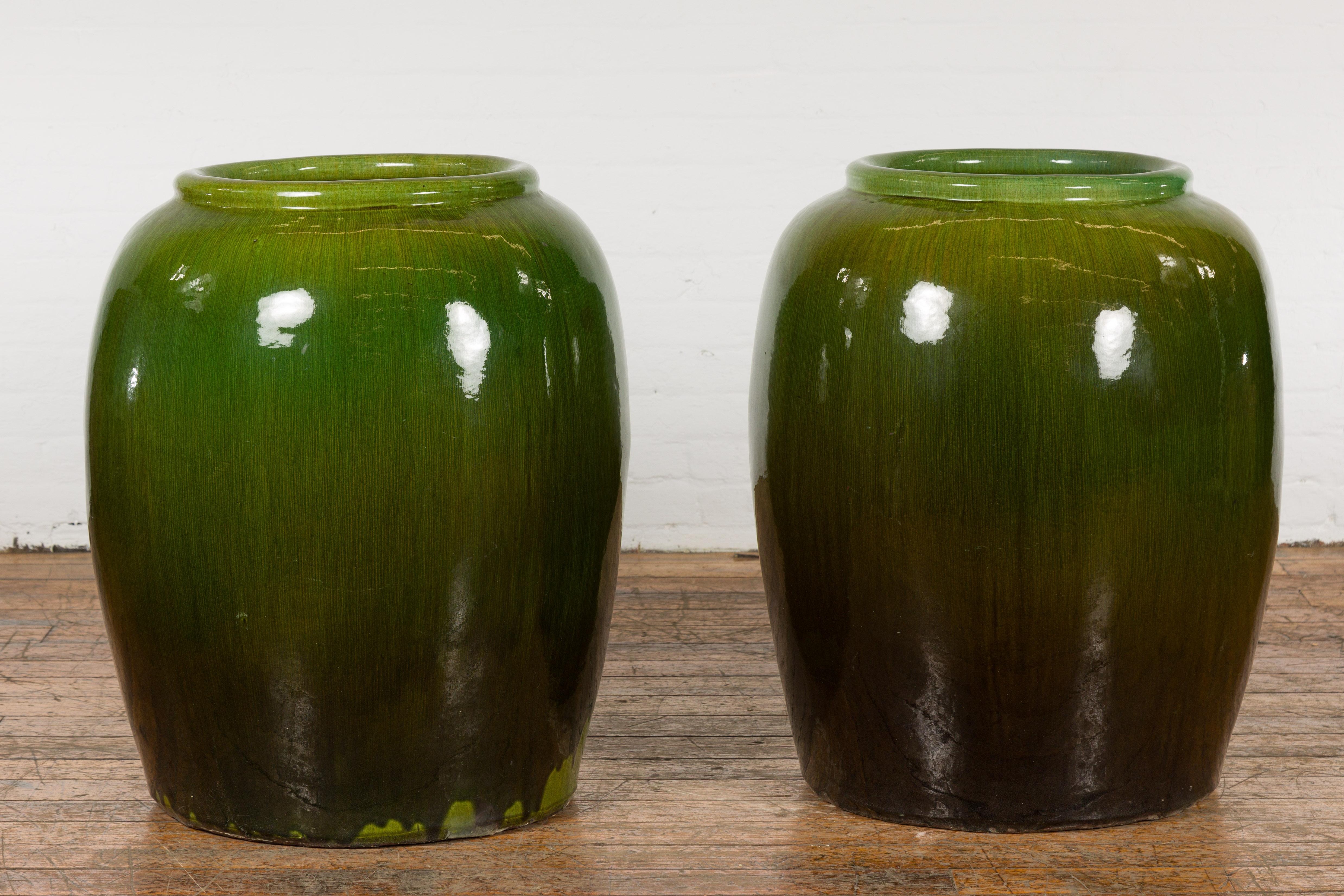 Near Pair of Tall Chinese Vintage Round Green Glazed Ceramic Water Jars 7