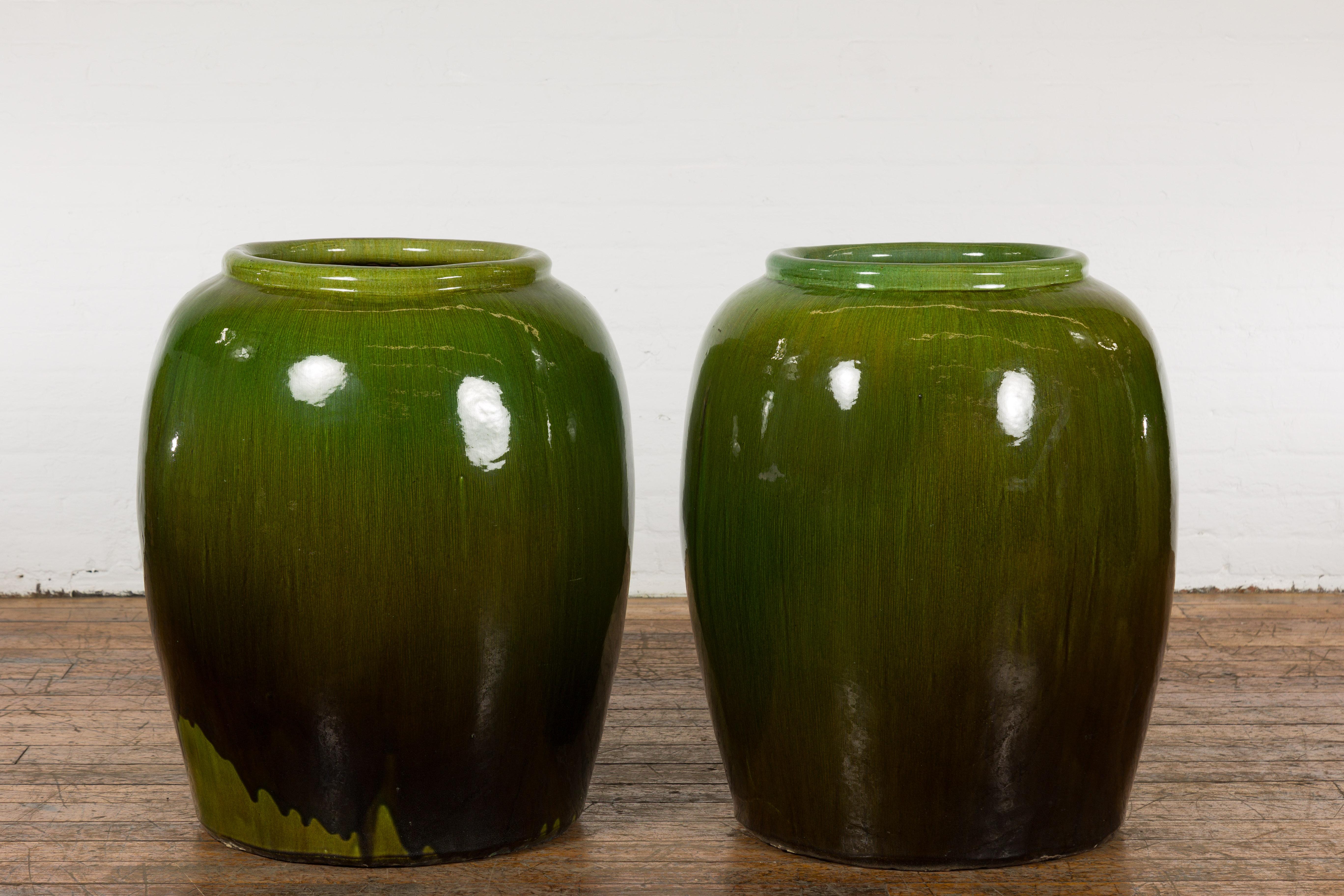 Near Pair of Tall Chinese Vintage Round Green Glazed Ceramic Water Jars 8