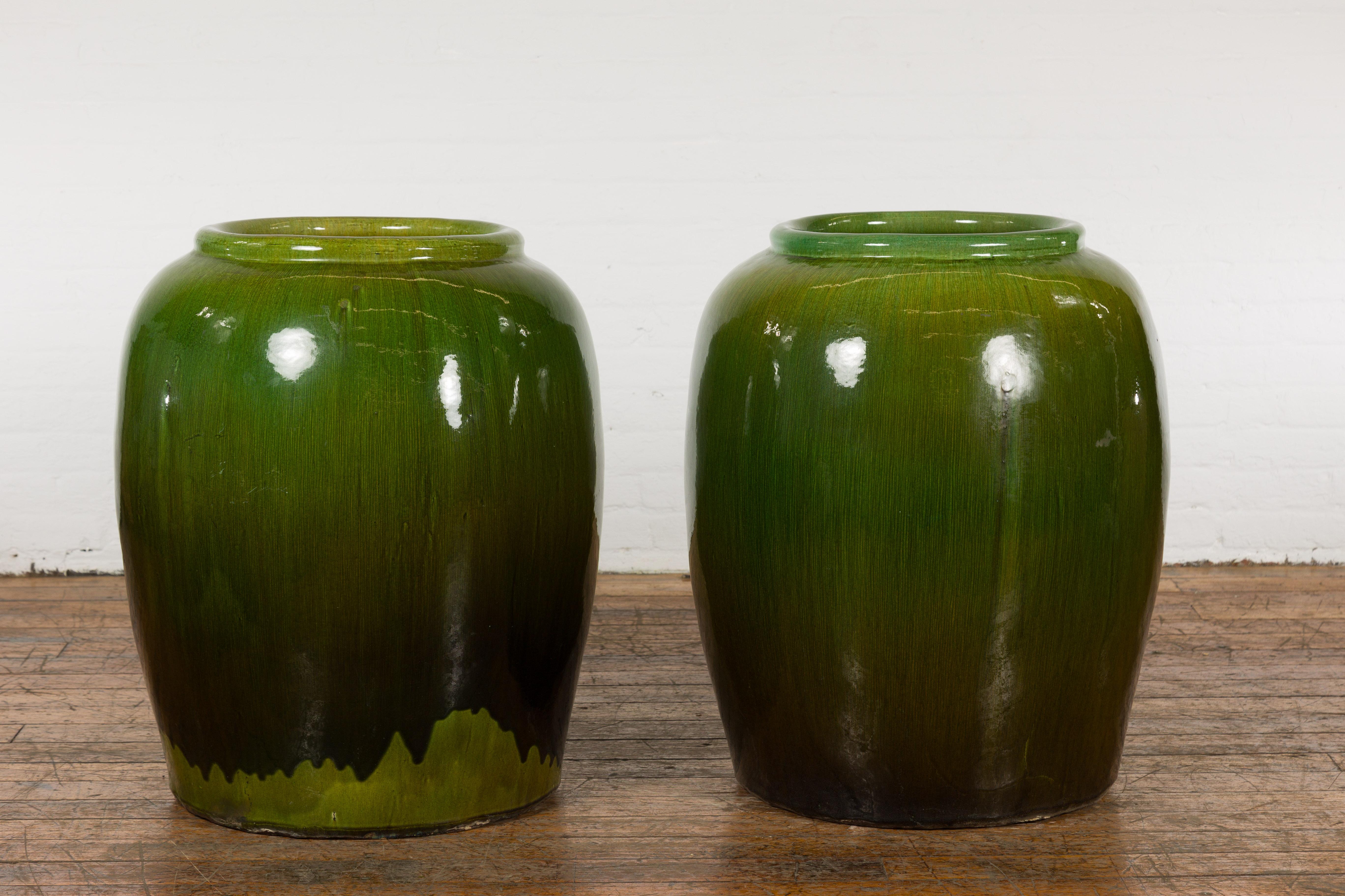 Near Pair of Tall Chinese Vintage Round Green Glazed Ceramic Water Jars 9