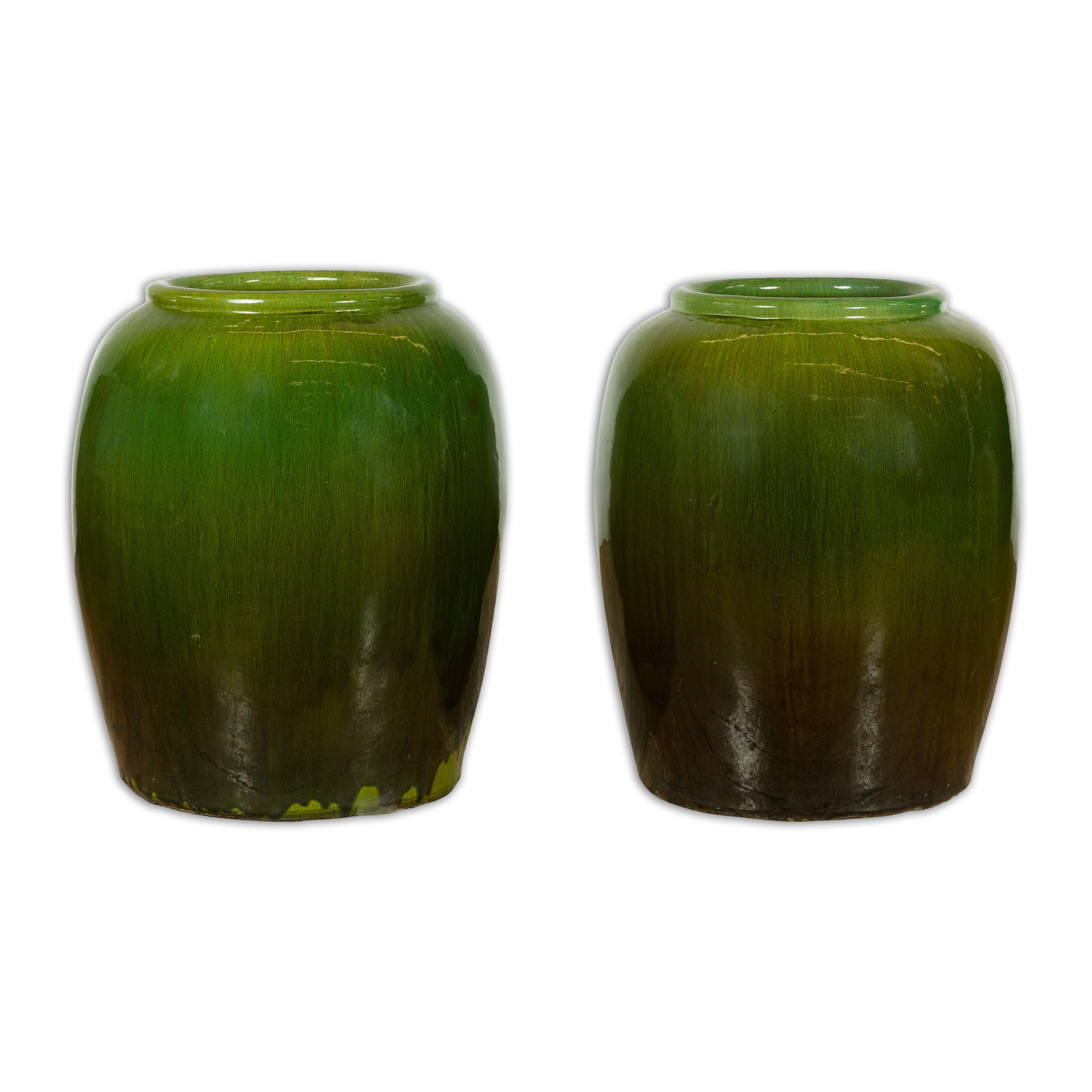 Near Pair of Tall Chinese Vintage Round Green Glazed Ceramic Water Jars 13