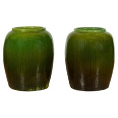 Near Pair of Tall Chinese Vintage Round Green Glazed Ceramic Water Jars