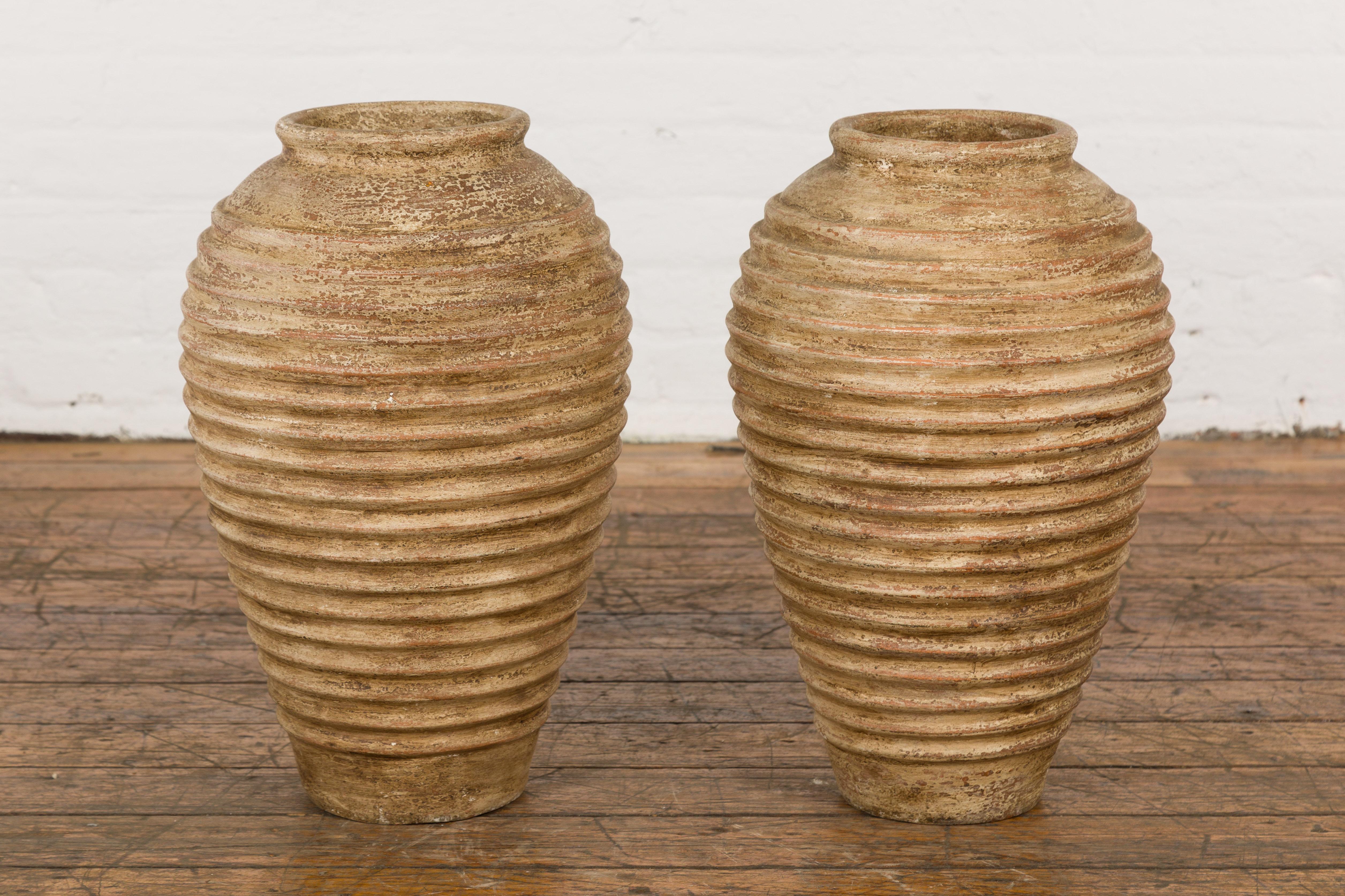 Near Pair of Vintage Jars with Textured Surface In Good Condition For Sale In Yonkers, NY