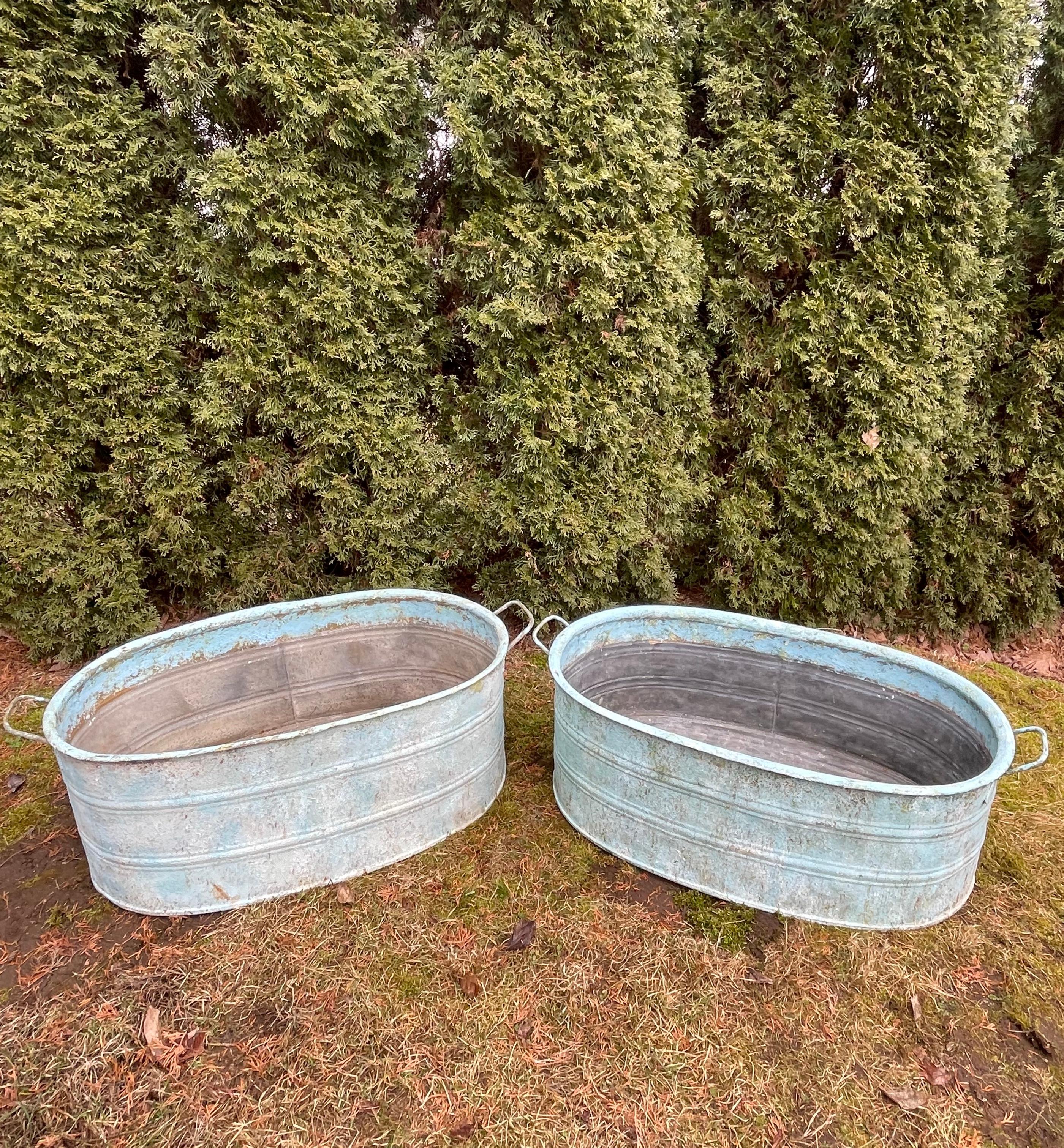 Near-Pair of Very Large German Oval Galvanized Planters #1 with Custom Surface In Good Condition For Sale In Woodbury, CT