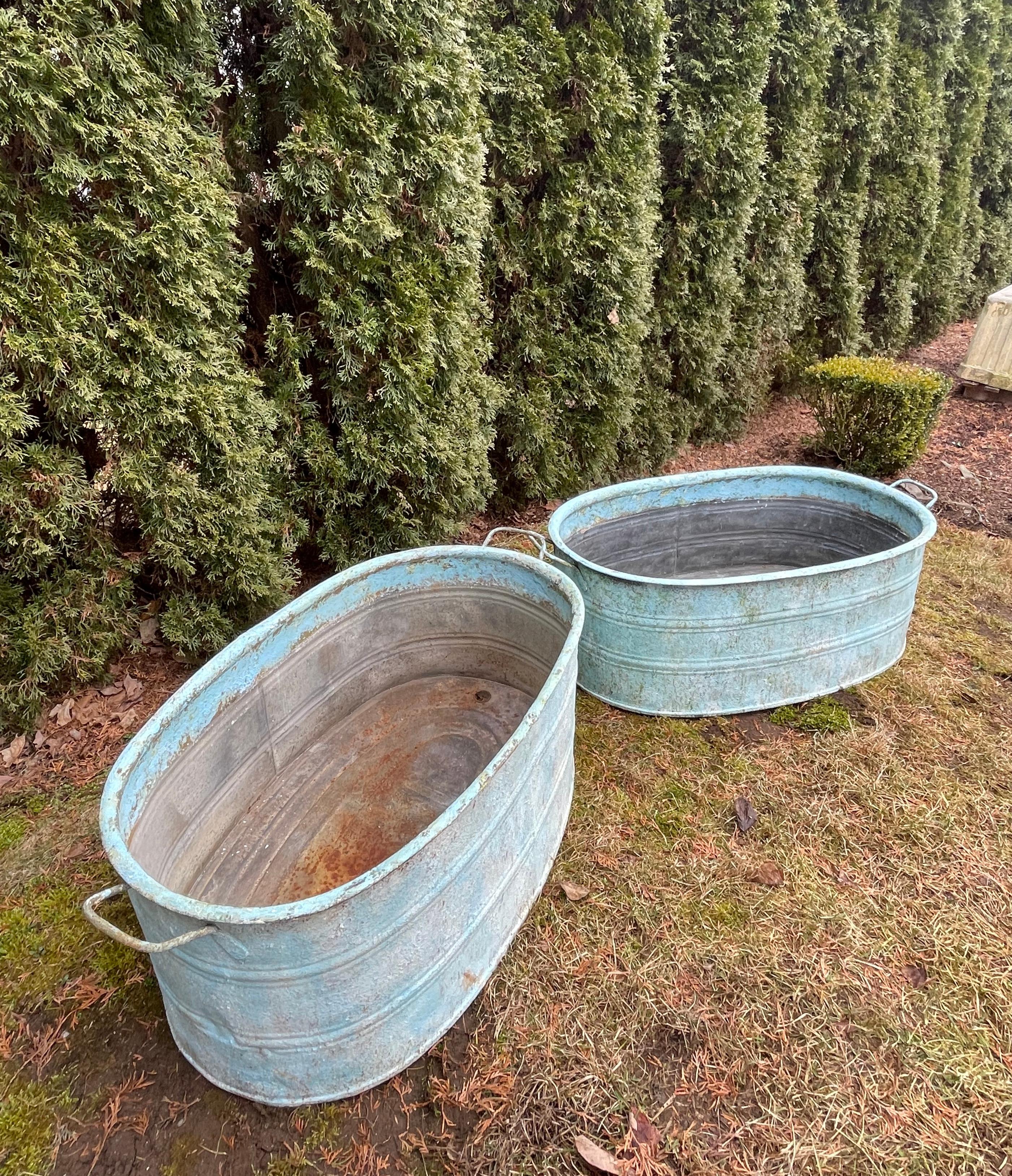 20th Century Near-Pair of Very Large German Oval Galvanized Planters #1 with Custom Surface For Sale