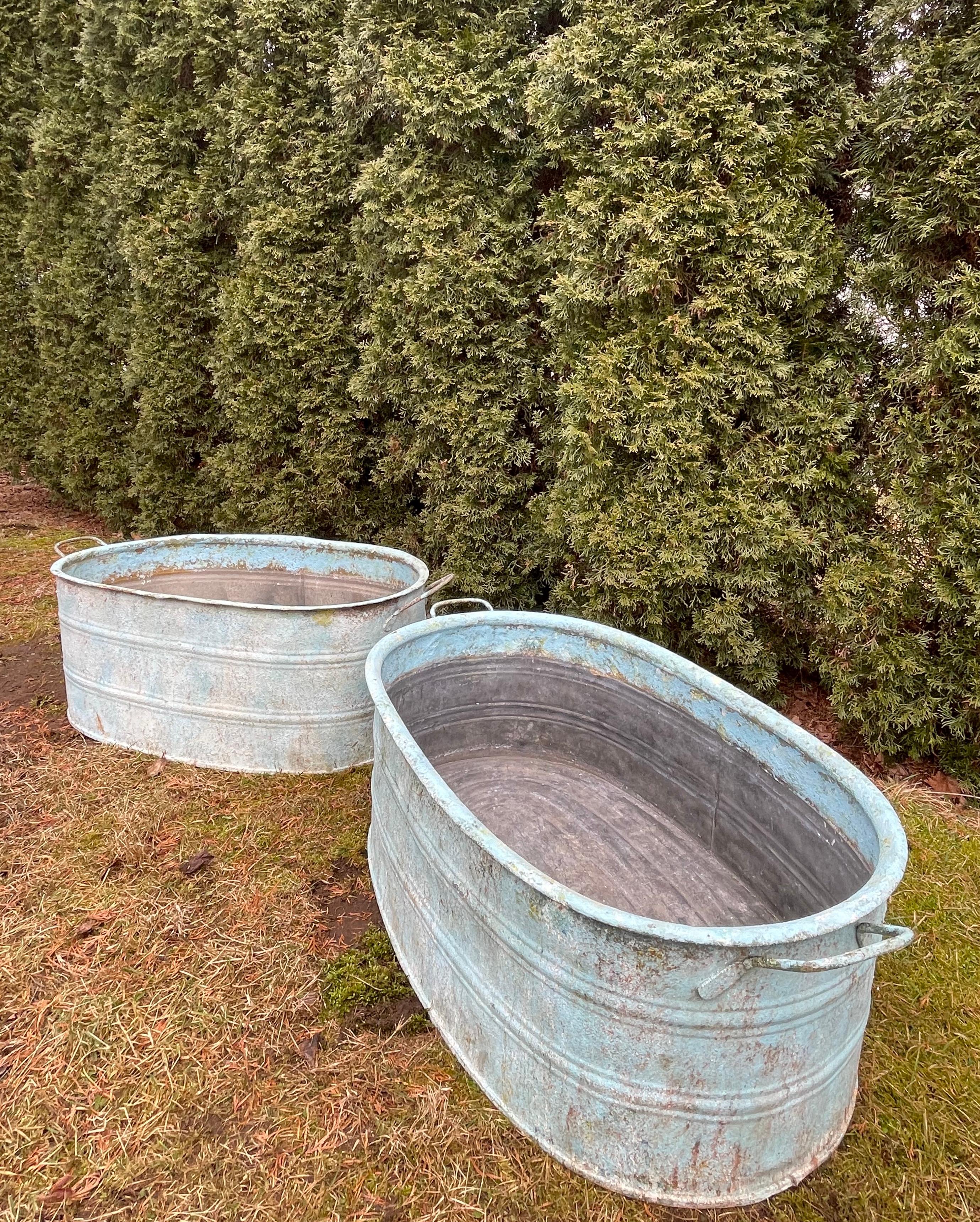 Steel Near-Pair of Very Large German Oval Galvanized Planters #1 with Custom Surface For Sale
