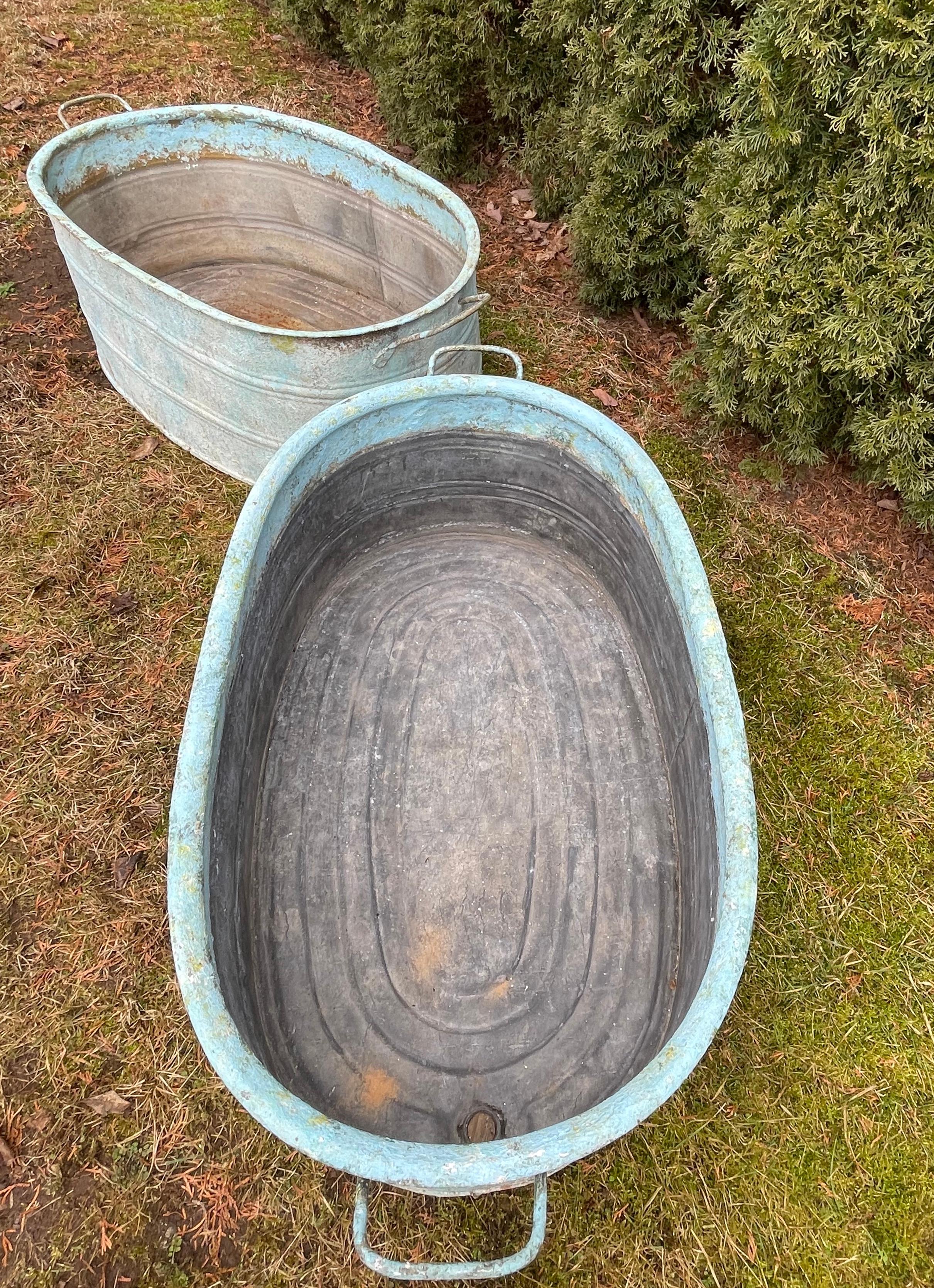 Near-Pair of Very Large German Oval Galvanized Planters #1 with Custom Surface For Sale 1
