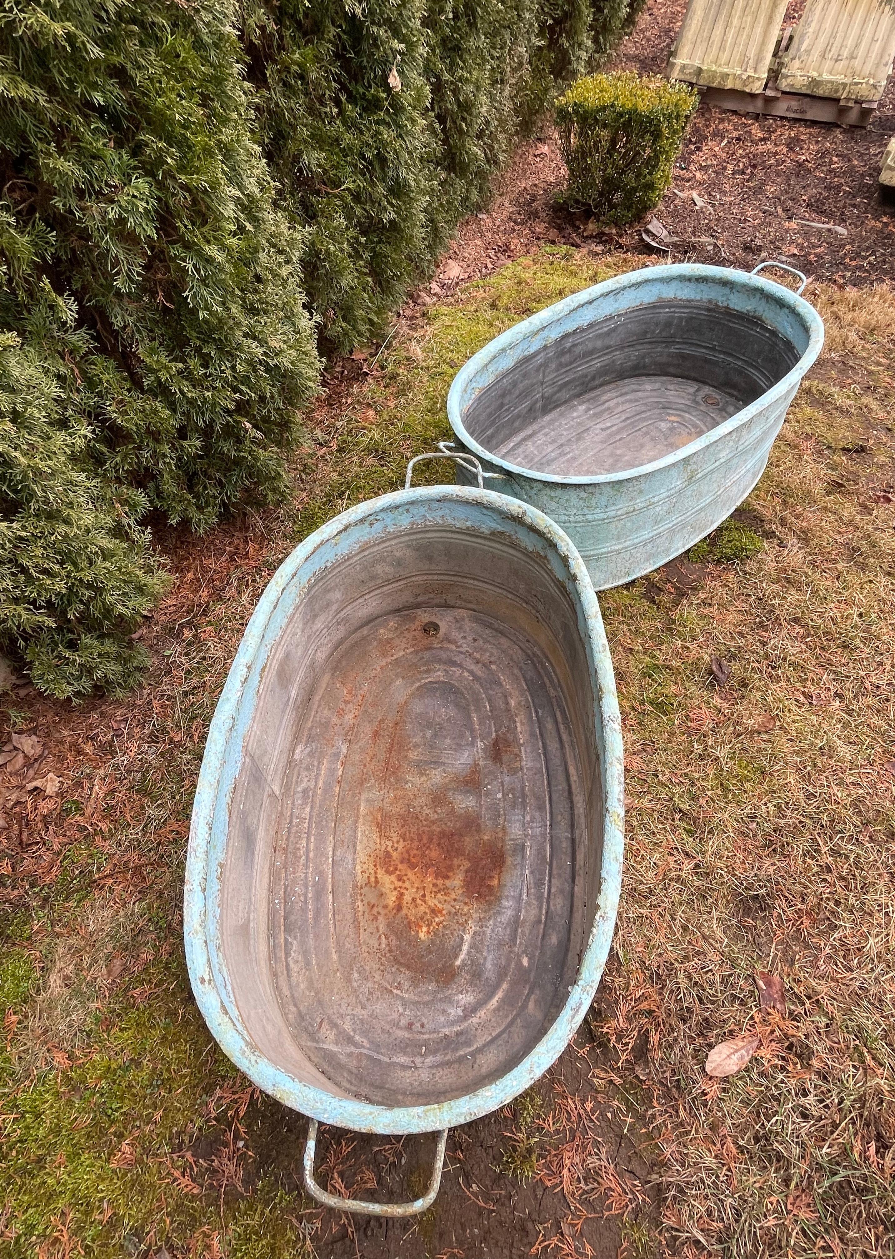 Near-Pair of Very Large German Oval Galvanized Planters #1 with Custom Surface For Sale 2