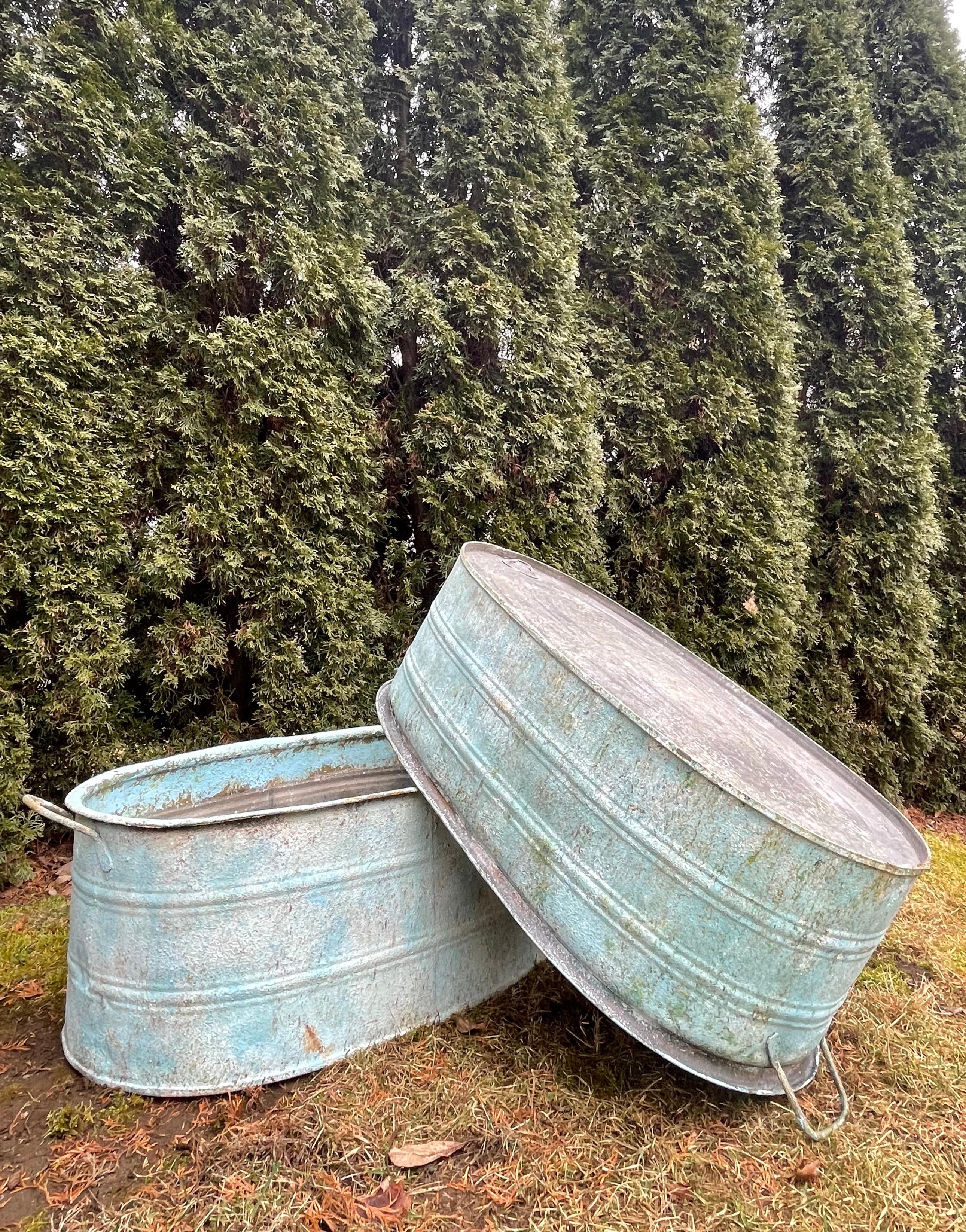 Near-Pair of Very Large German Oval Galvanized Planters #1 with Custom Surface For Sale 3