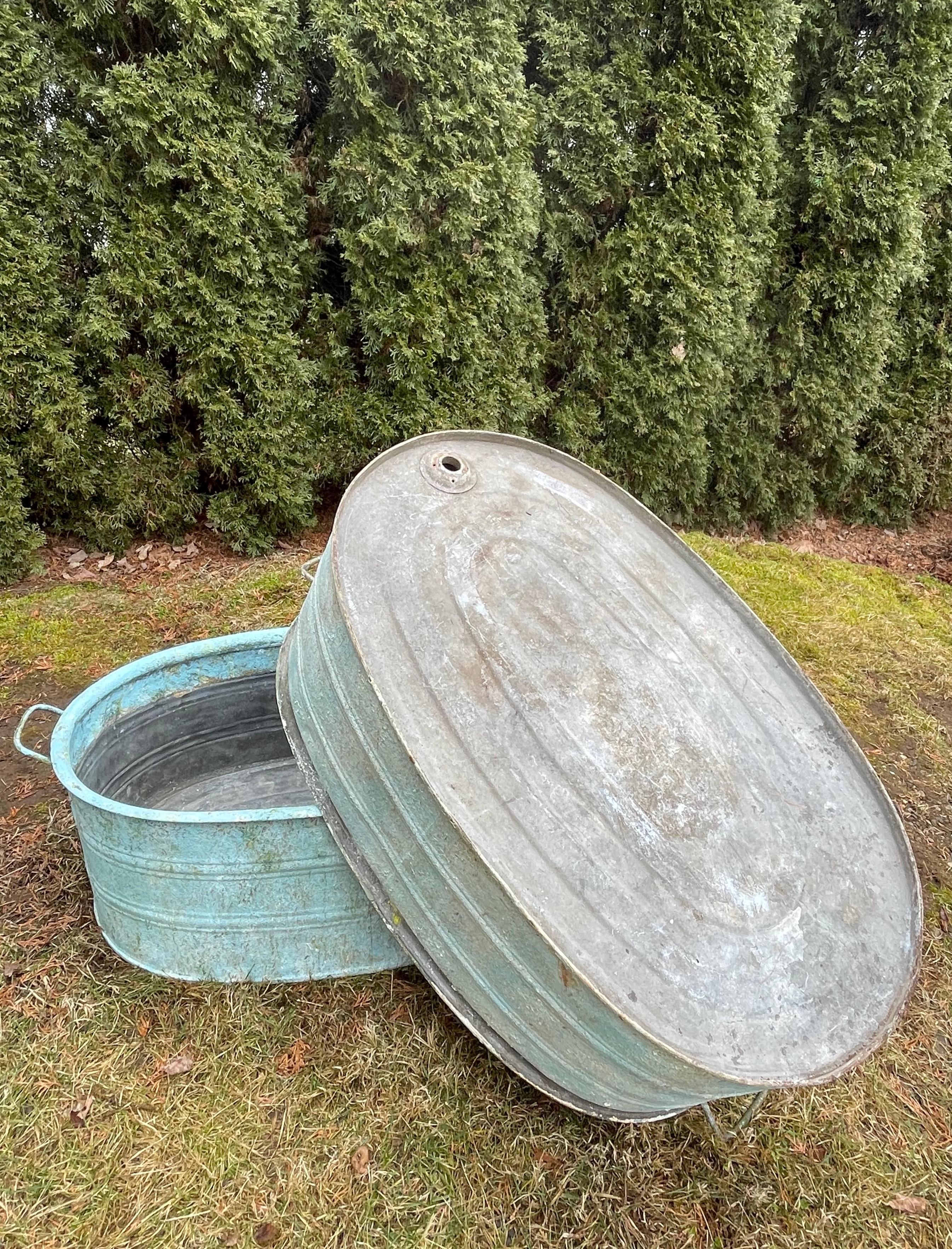 Near-Pair of Very Large German Oval Galvanized Planters #1 with Custom Surface For Sale 4