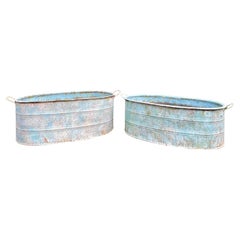 Near-Pair of Very Large German Oval Galvanized Planters #1 with Custom Surface
