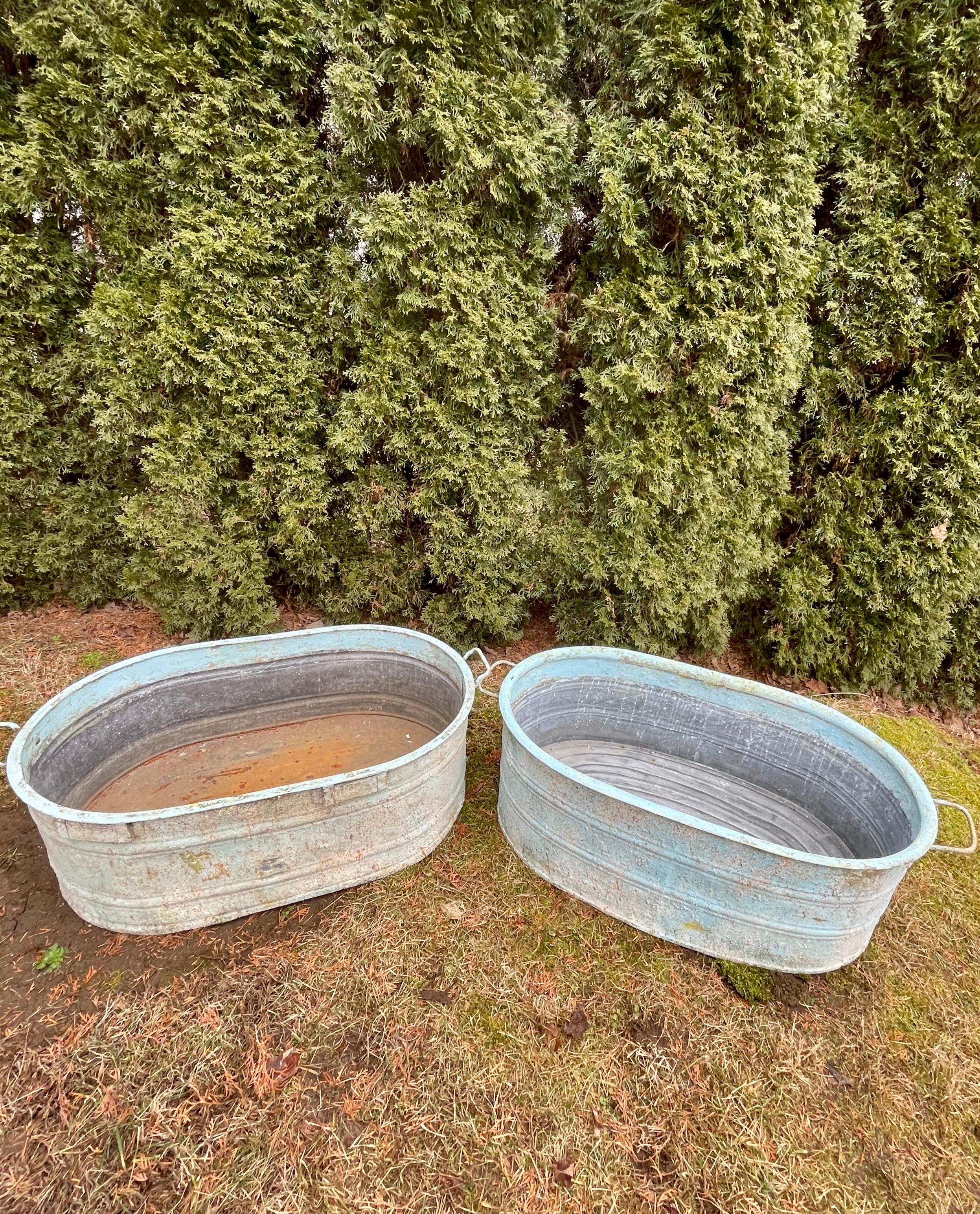 Industrial Near-Pair of Very Large German Oval Galvanized Planters #2 with Custom Surface For Sale