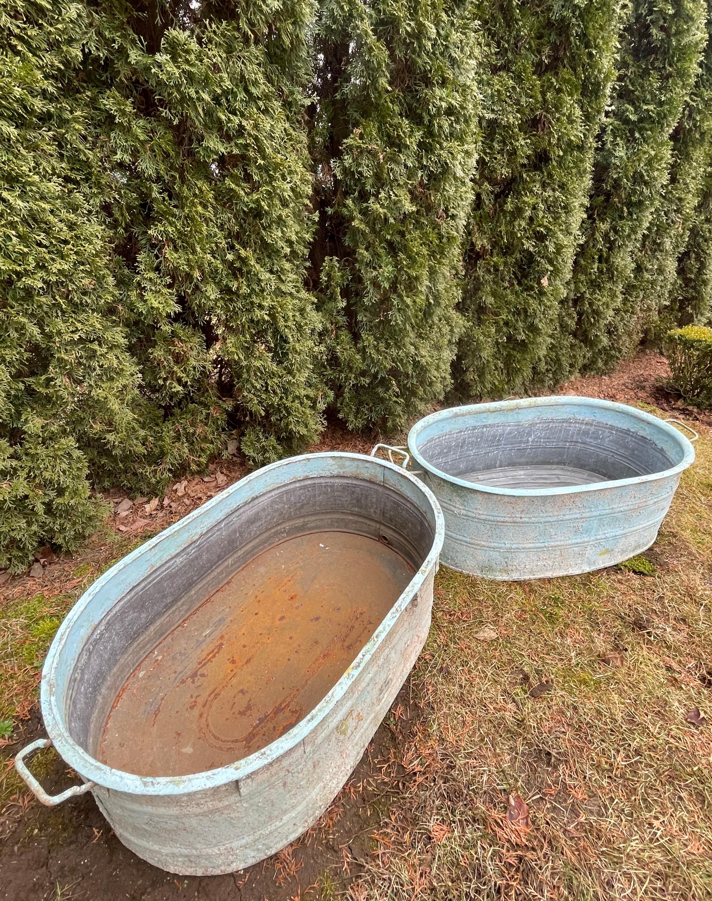 Near-Pair of Very Large German Oval Galvanized Planters #2 with Custom Surface In Good Condition For Sale In Woodbury, CT