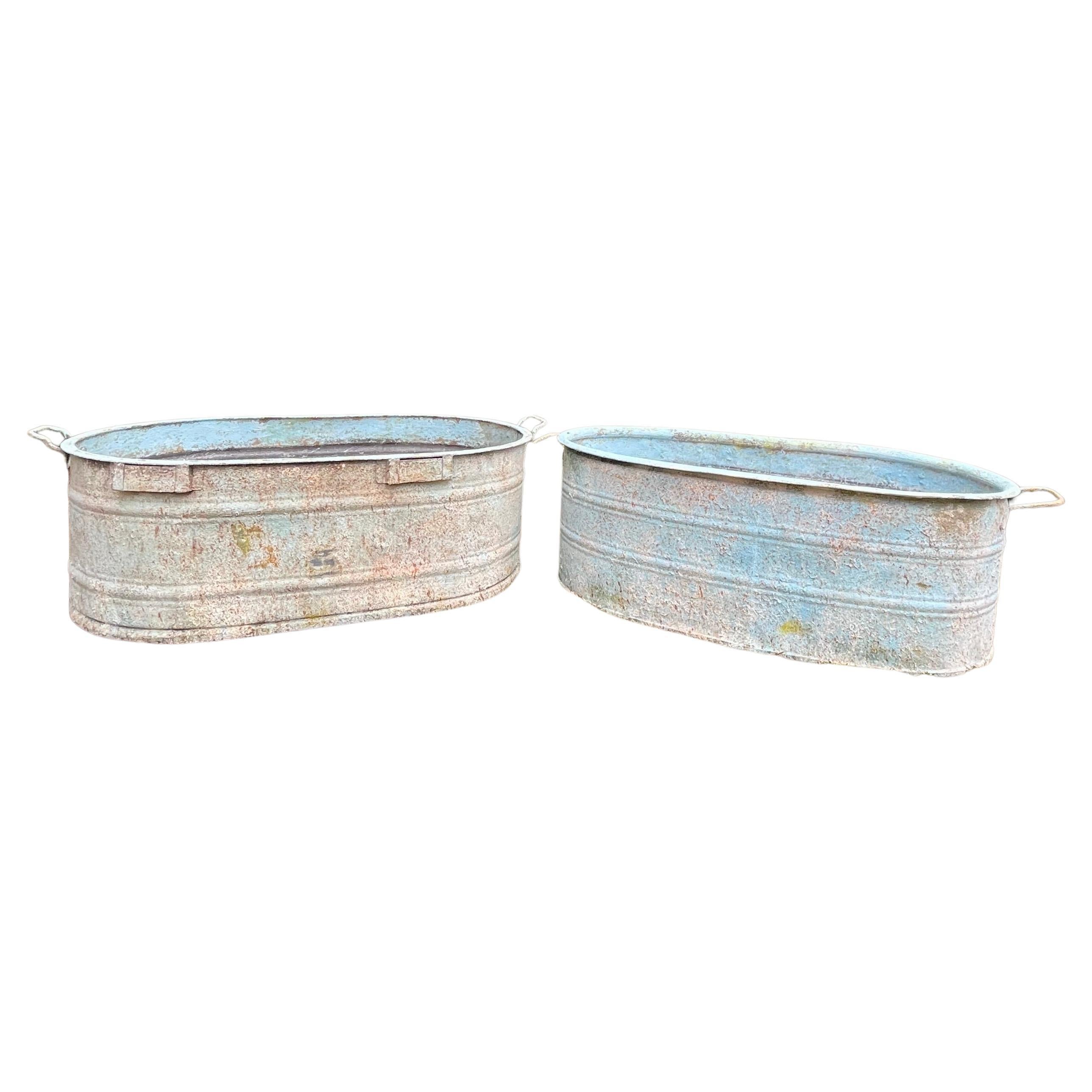 Near-Pair of Very Large German Oval Galvanized Planters #2 with Custom Surface For Sale