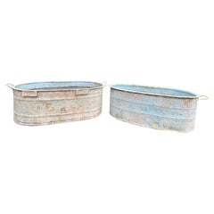 Near-Pair of Very Large German Oval Galvanized Planters #2 with Custom Surface