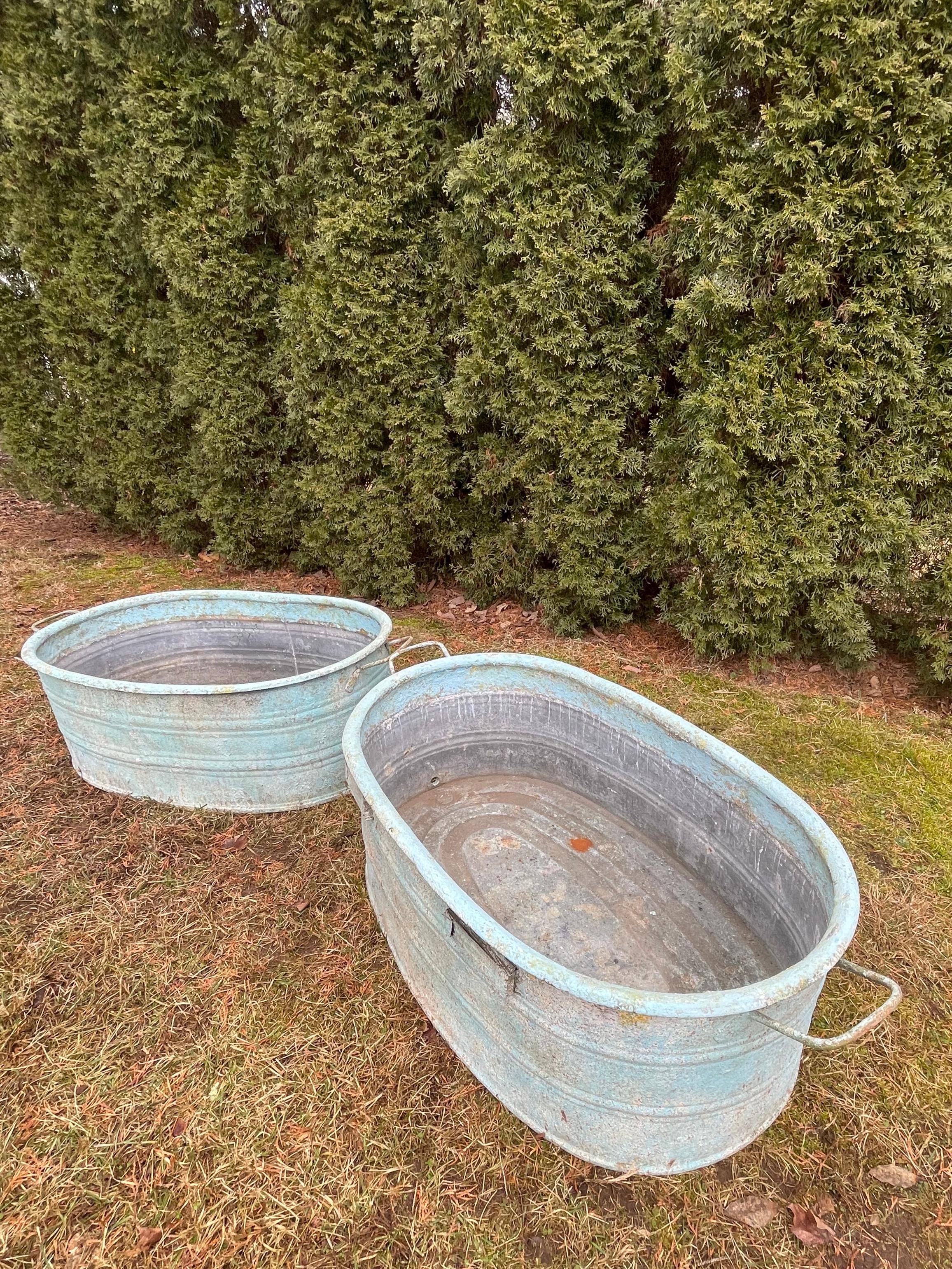Industrial Near-Pair of Very Large German Oval Galvanized Planters #3 with Custom Surface For Sale
