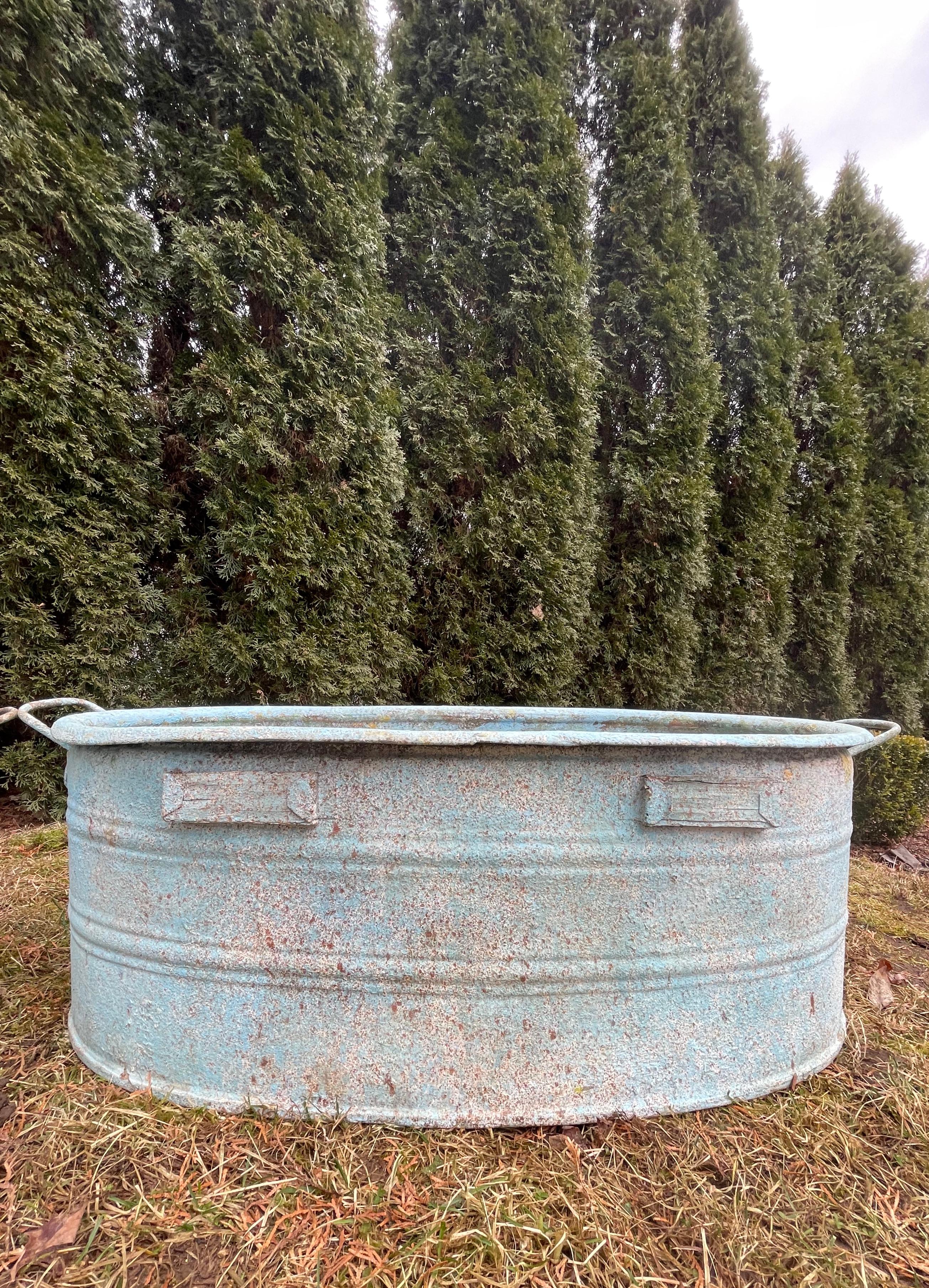 Near-Pair of Very Large German Oval Galvanized Planters #3 with Custom Surface In Good Condition For Sale In Woodbury, CT