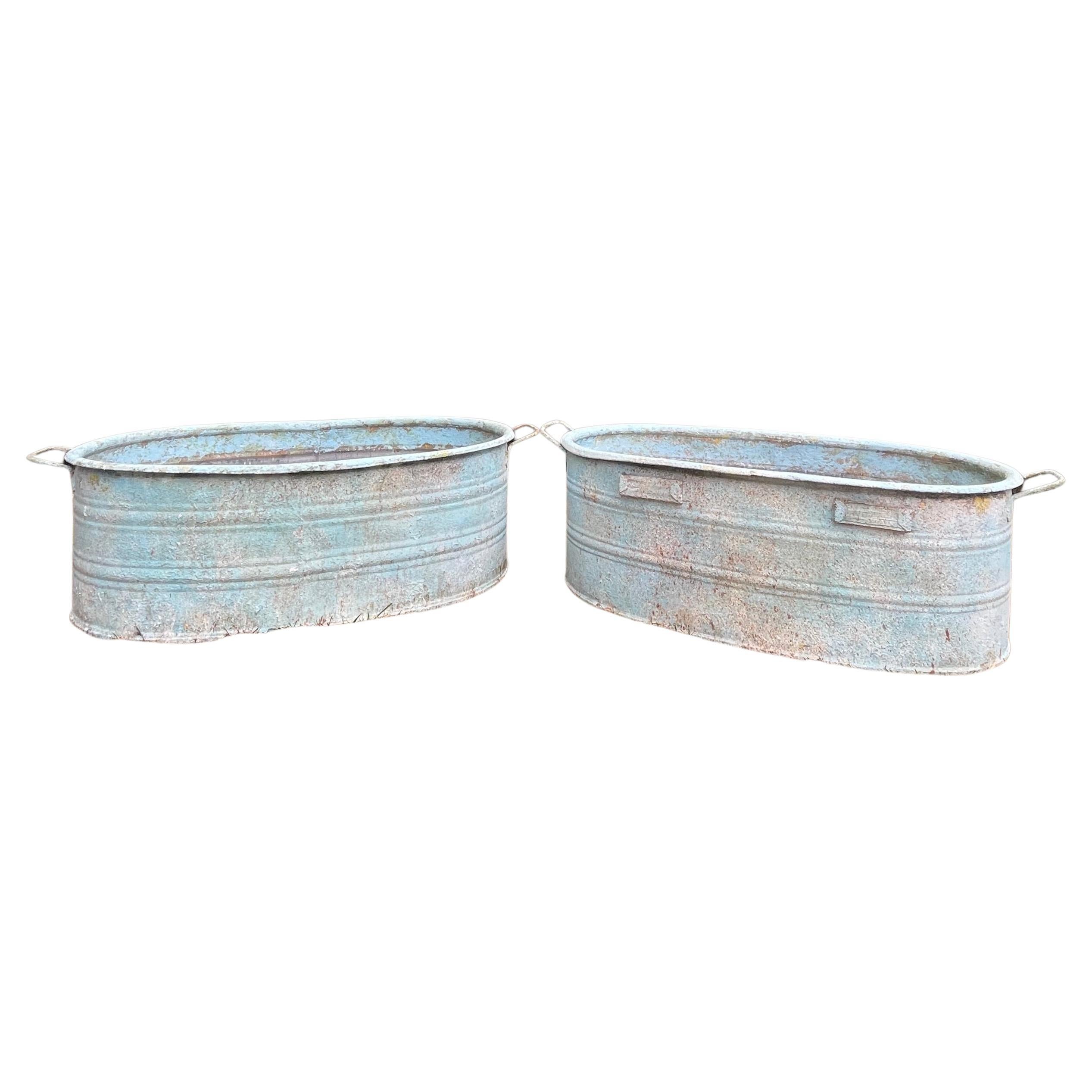 Near-Pair of Very Large German Oval Galvanized Planters #3 with Custom Surface For Sale