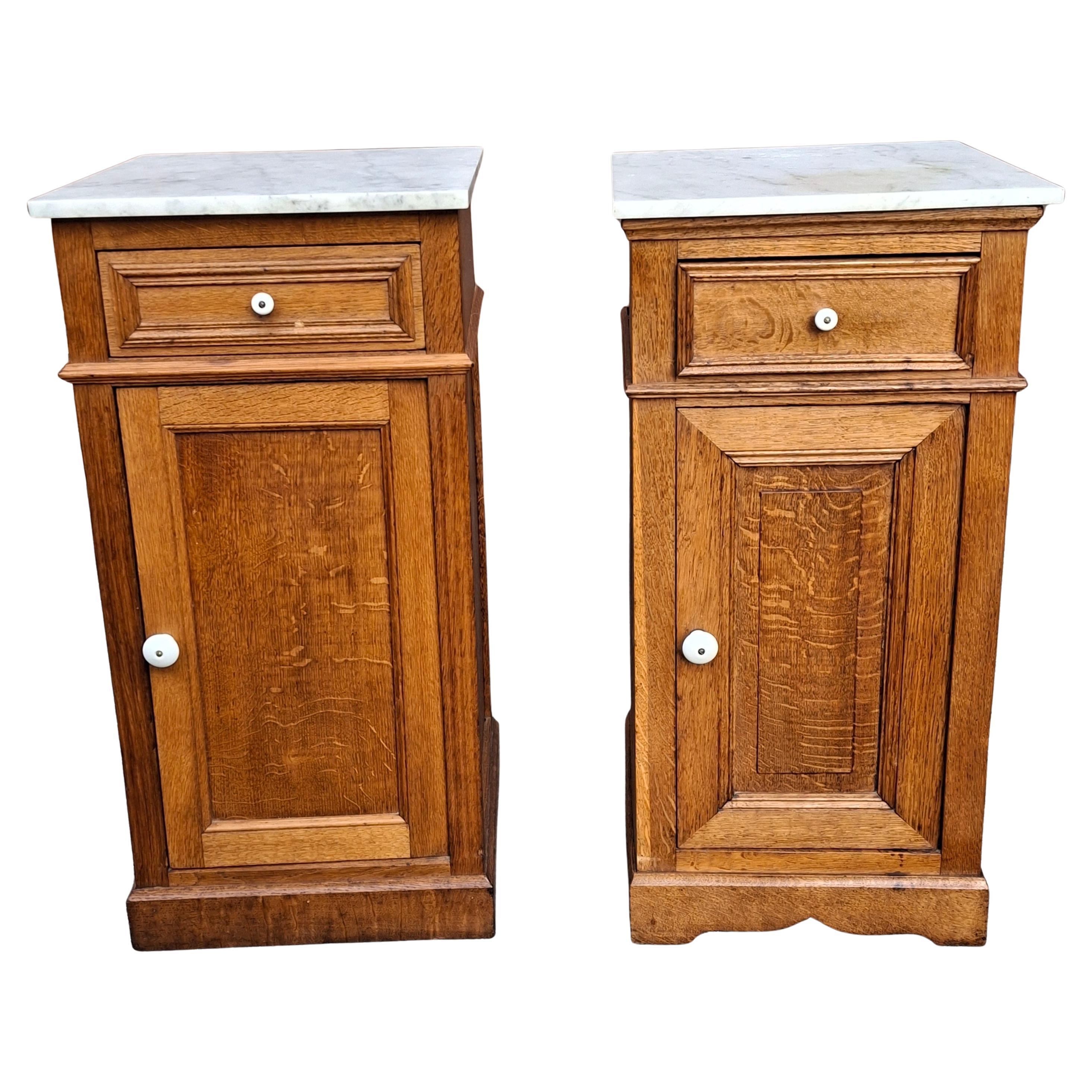 Near Pair of Victorian Oak and Marble Top Side Tables