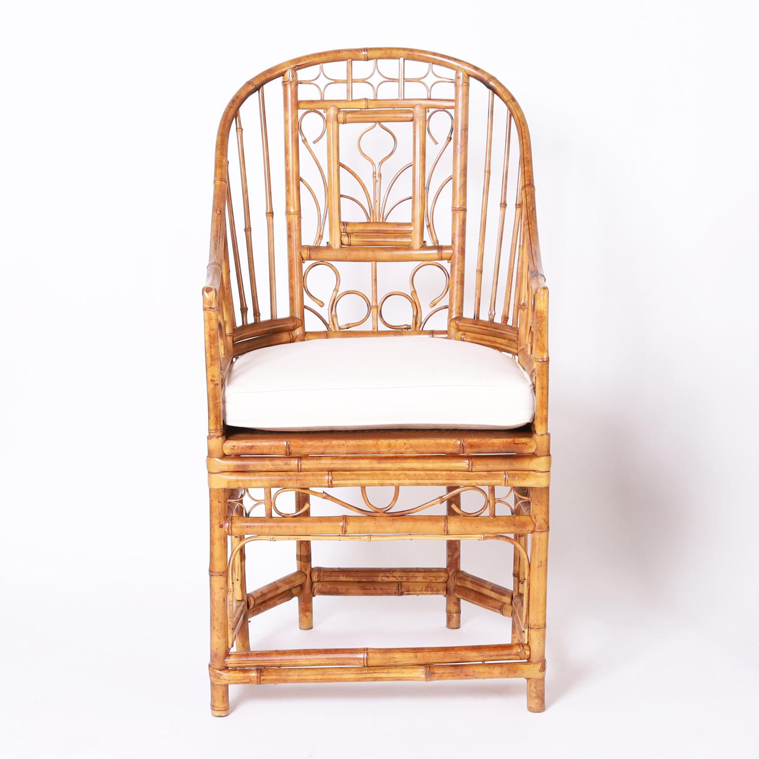 Chippendale Near Pair of Vintage Brighton Pavilion Style Bamboo Chairs