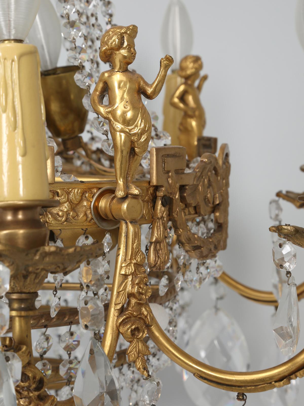 Near Pair of Vintage French Empire Style Crystal Gilded Chandeliers Early 1900's For Sale 1