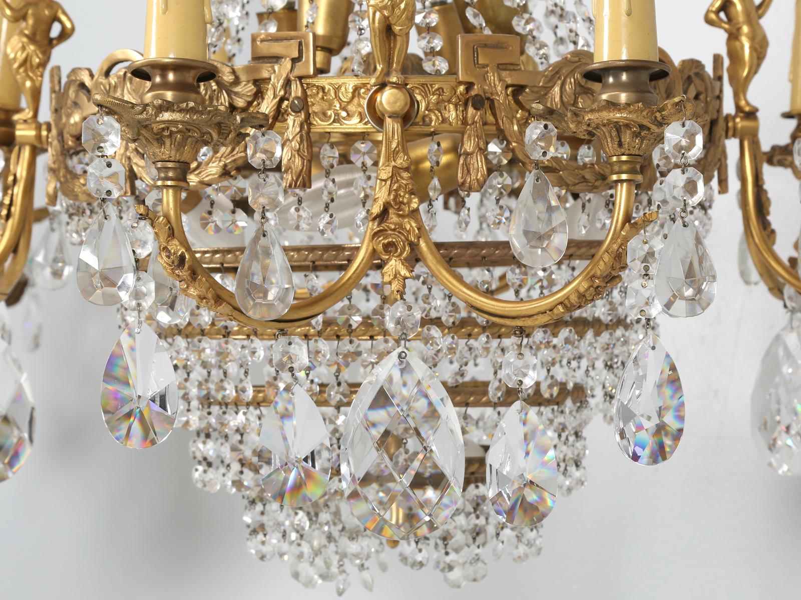 Near Pair of Vintage French Empire Style Crystal Gilded Chandeliers Early 1900's For Sale 3