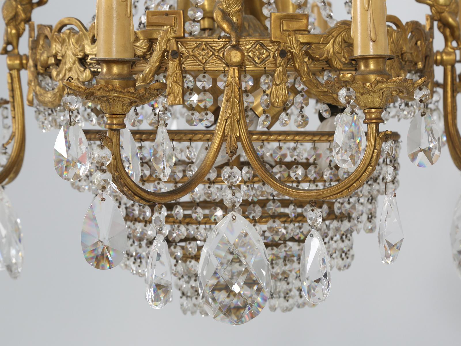 Near Pair of Vintage French Empire Style Crystal Gilded Chandeliers Early 1900's For Sale 4