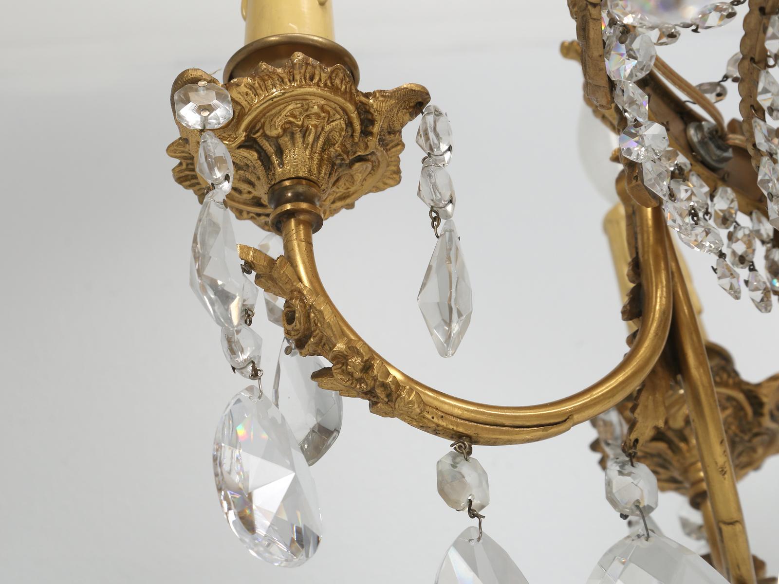 Near Pair of Vintage French Empire Style Crystal Gilded Chandeliers Early 1900's For Sale 5