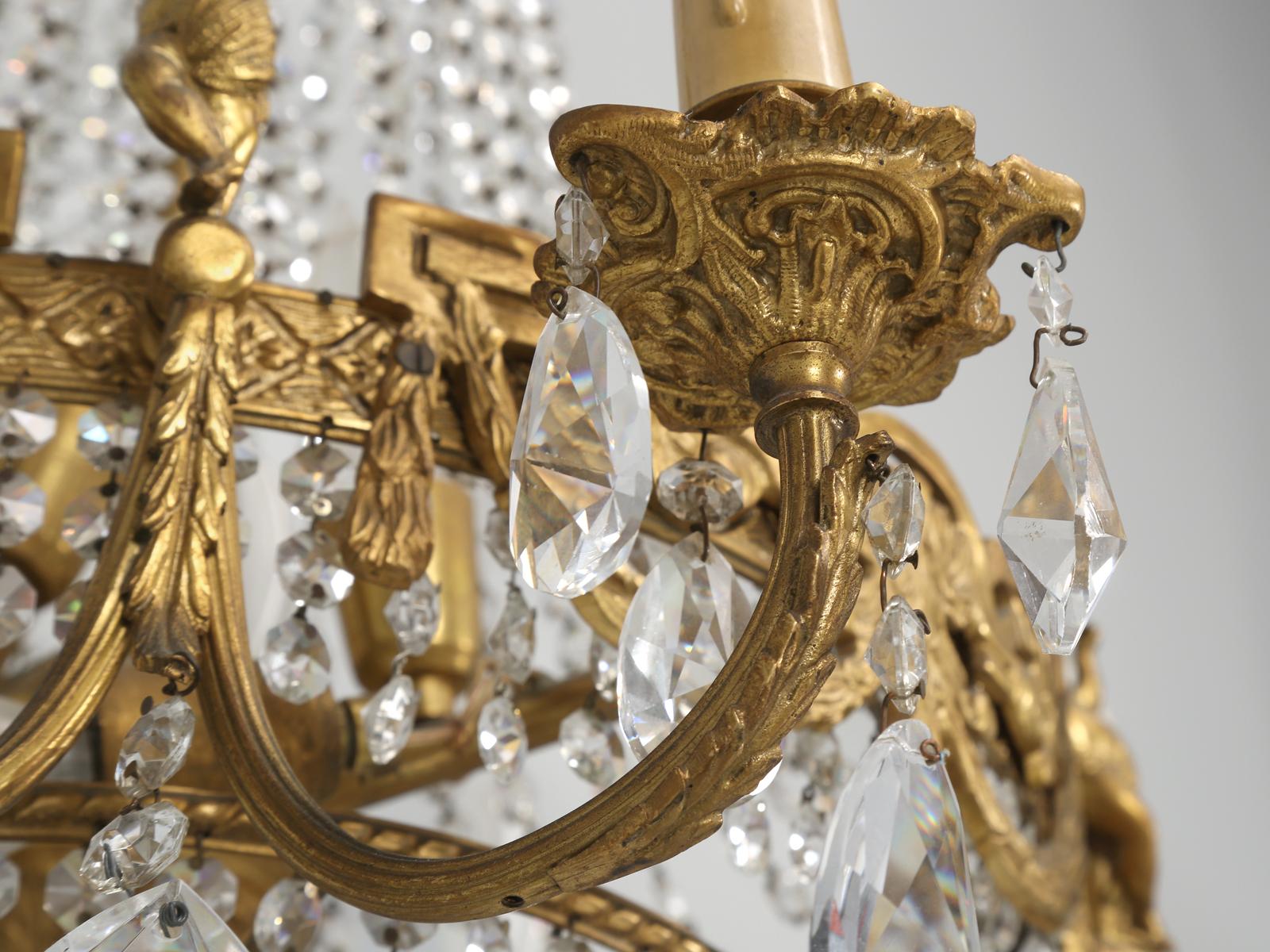 Near Pair of Vintage French Empire Style Crystal Gilded Chandeliers Early 1900's For Sale 6