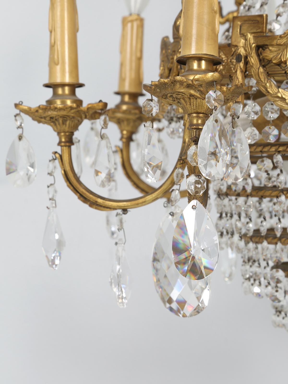 Near Pair of Vintage French Empire Style Crystal Gilded Chandeliers Early 1900's For Sale 7
