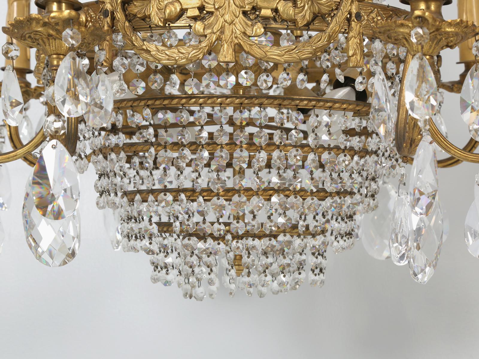 Near Pair of Vintage French Empire Style Crystal Gilded Chandeliers Early 1900's For Sale 8
