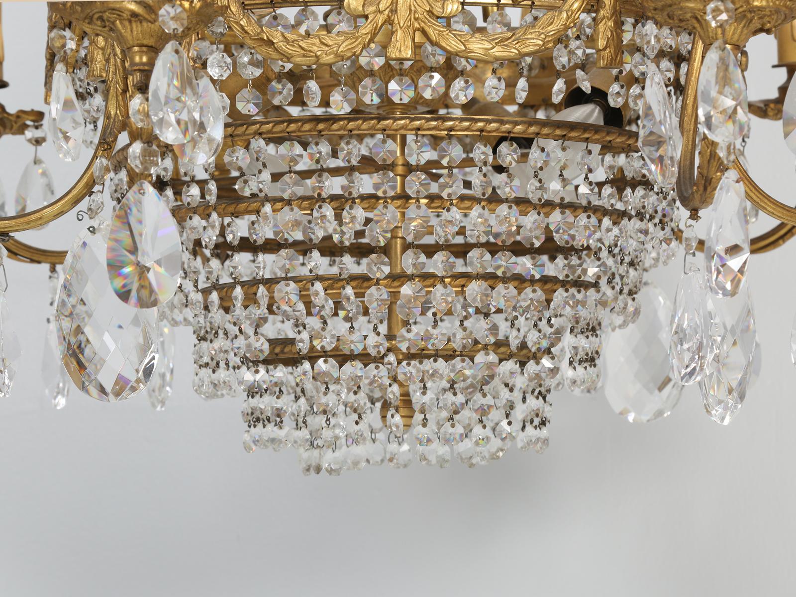 Near Pair of Vintage French Empire Style Crystal Gilded Chandeliers Early 1900's For Sale 9