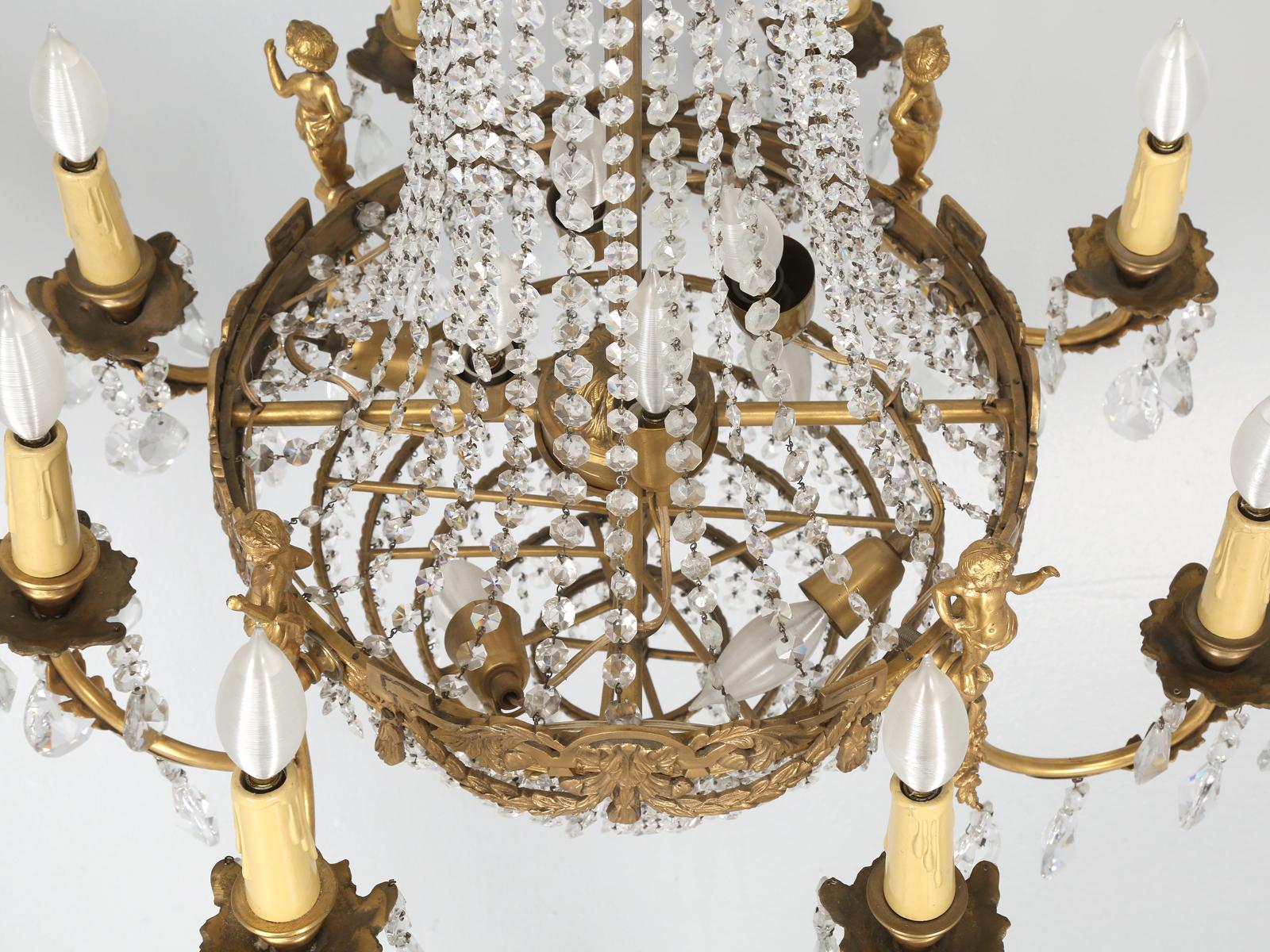 Near Pair of Vintage French Empire Style Crystal Gilded Chandeliers Early 1900's For Sale 10