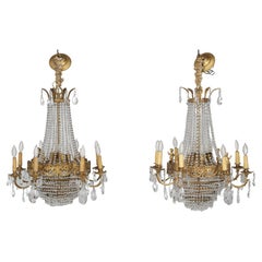 Near Pair of Vintage French Empire Style Crystal Gilded Chandeliers Early 1900's