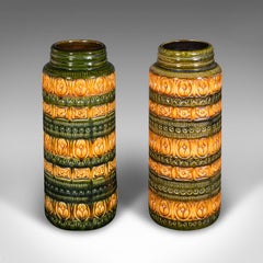 Near Pair of Vintage Lava Vases, German, Ceramic, Flower Sleeve, Stick Stand