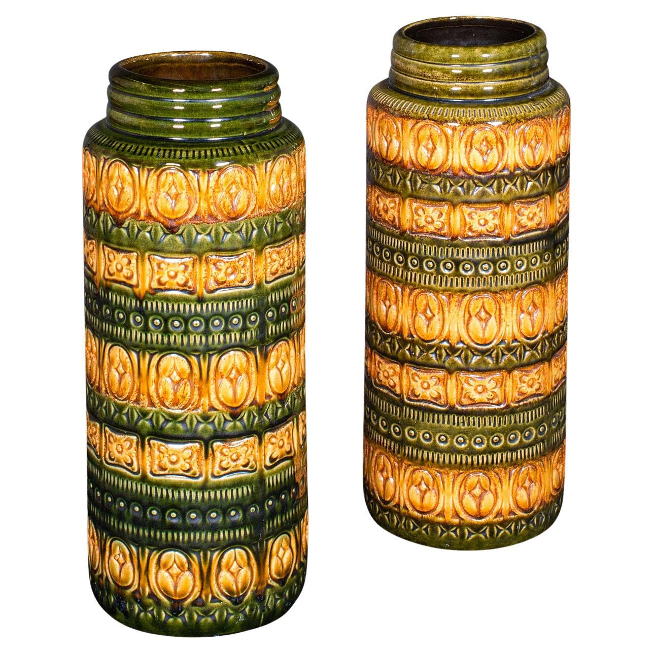 Near Pair of Vintage Lava Vases, German, Ceramic, Flower Sleeve, Stick Stand