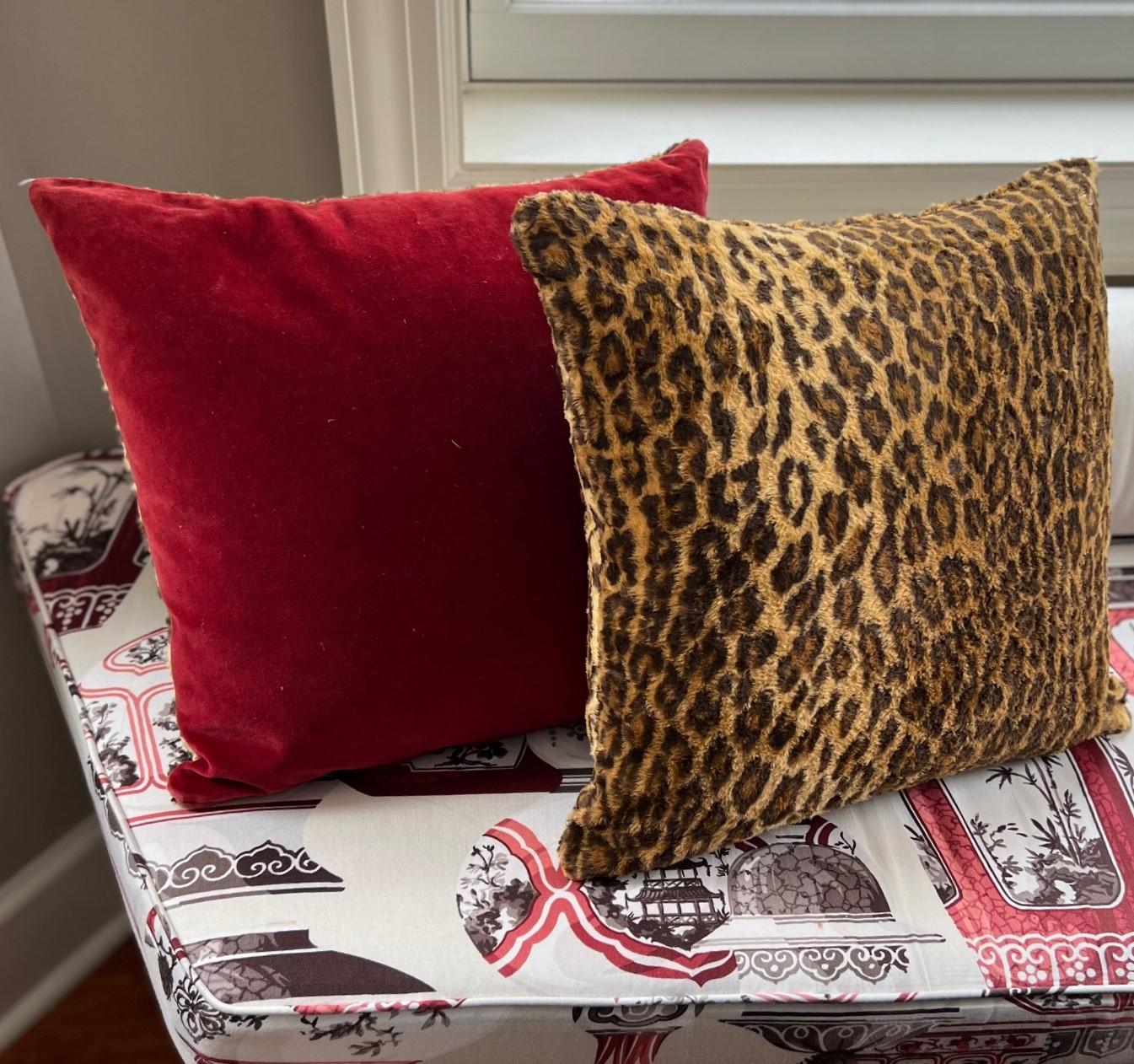 Near Pair of Vintage Square Ralph Lauren Leopard Print Faux Fur Pillows 1