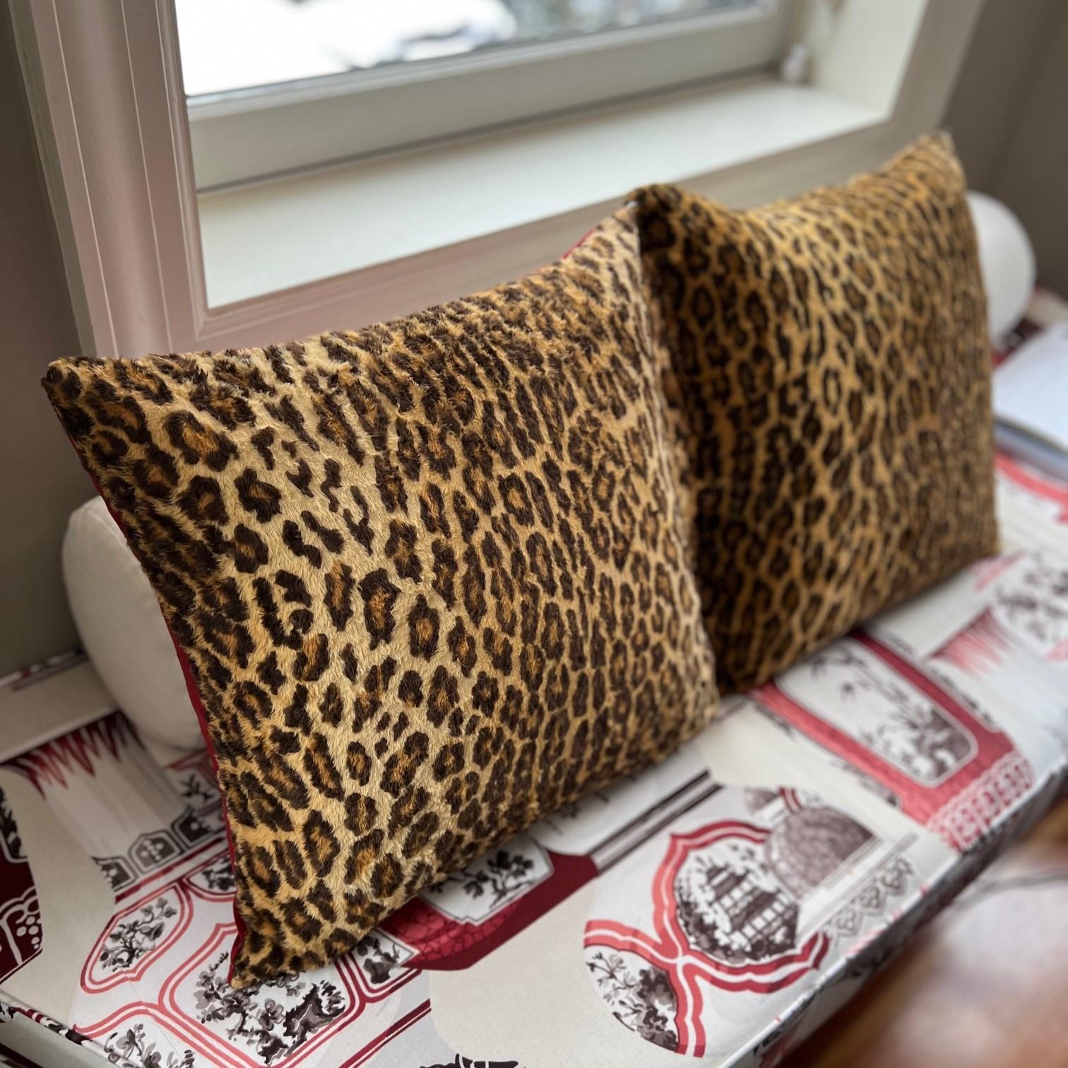 Near Pair of Vintage Square Ralph Lauren Leopard Print Faux Fur Pillows 2