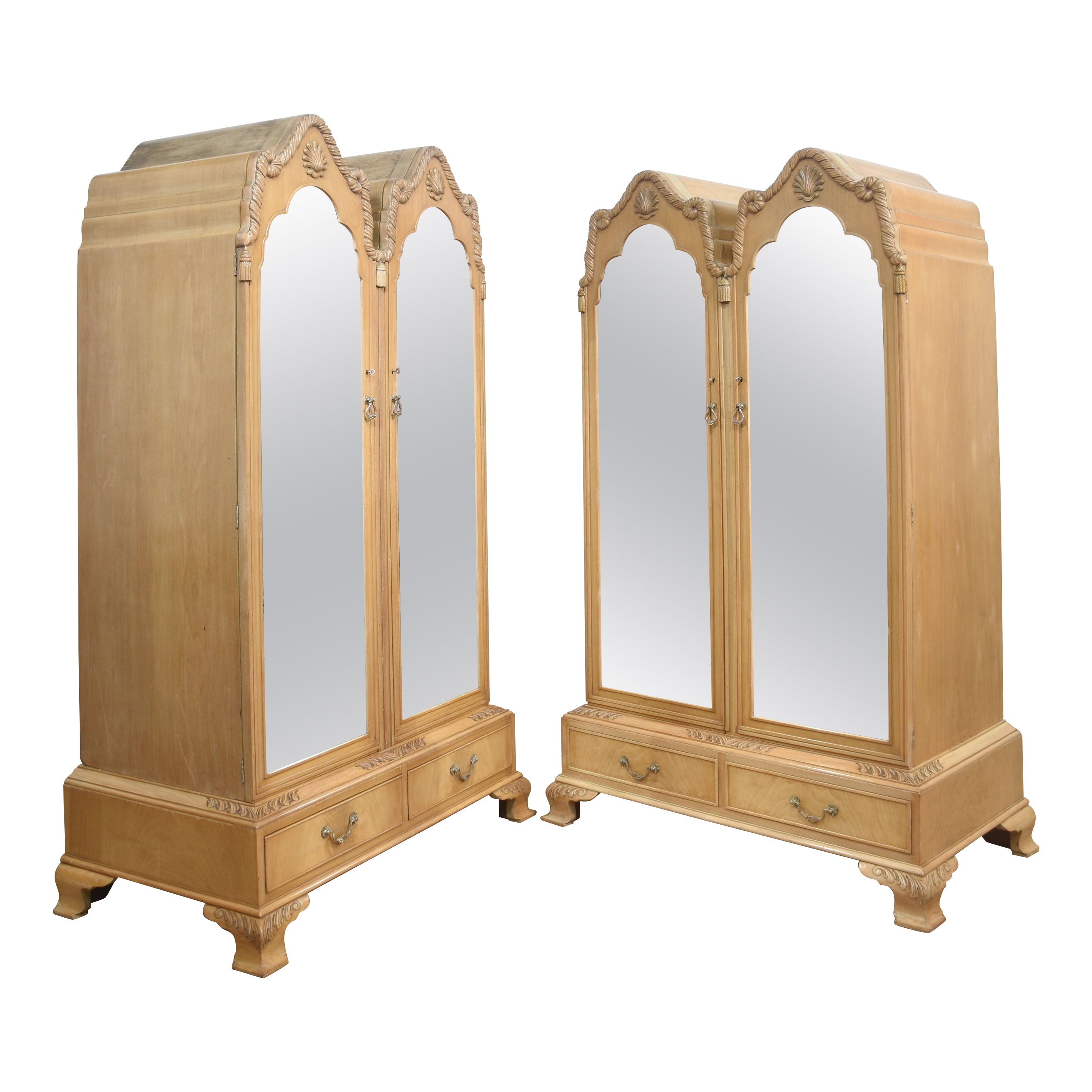 Near pair of walnut wardrobes For Sale