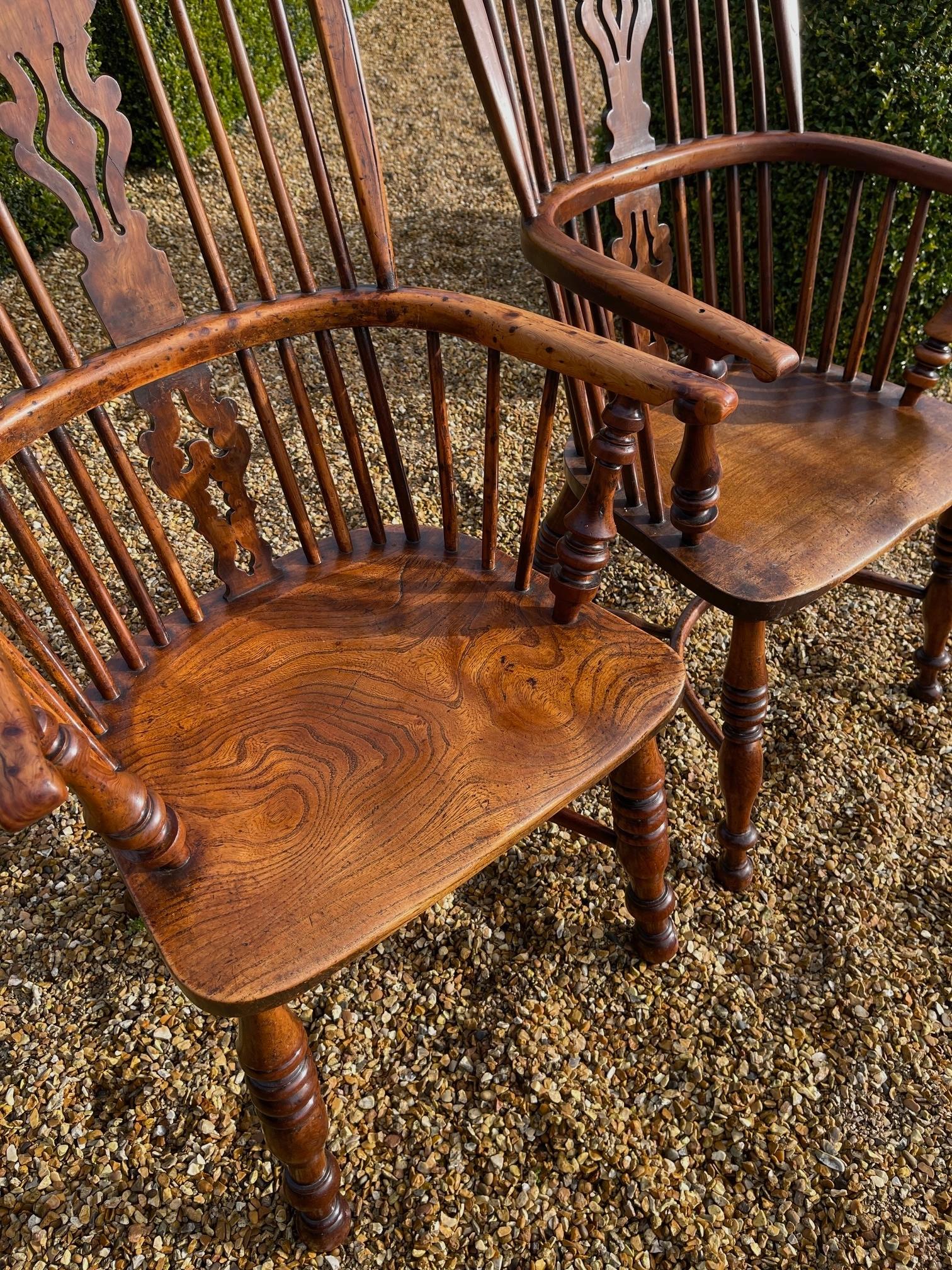 Yew Near pair of yew wood Windsor chairs with crinoline stretchers For Sale